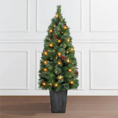 4 ft Potted Cascade Pine Tree with Warm White LED Lights, Decorative Pot & On/Off Timer Function