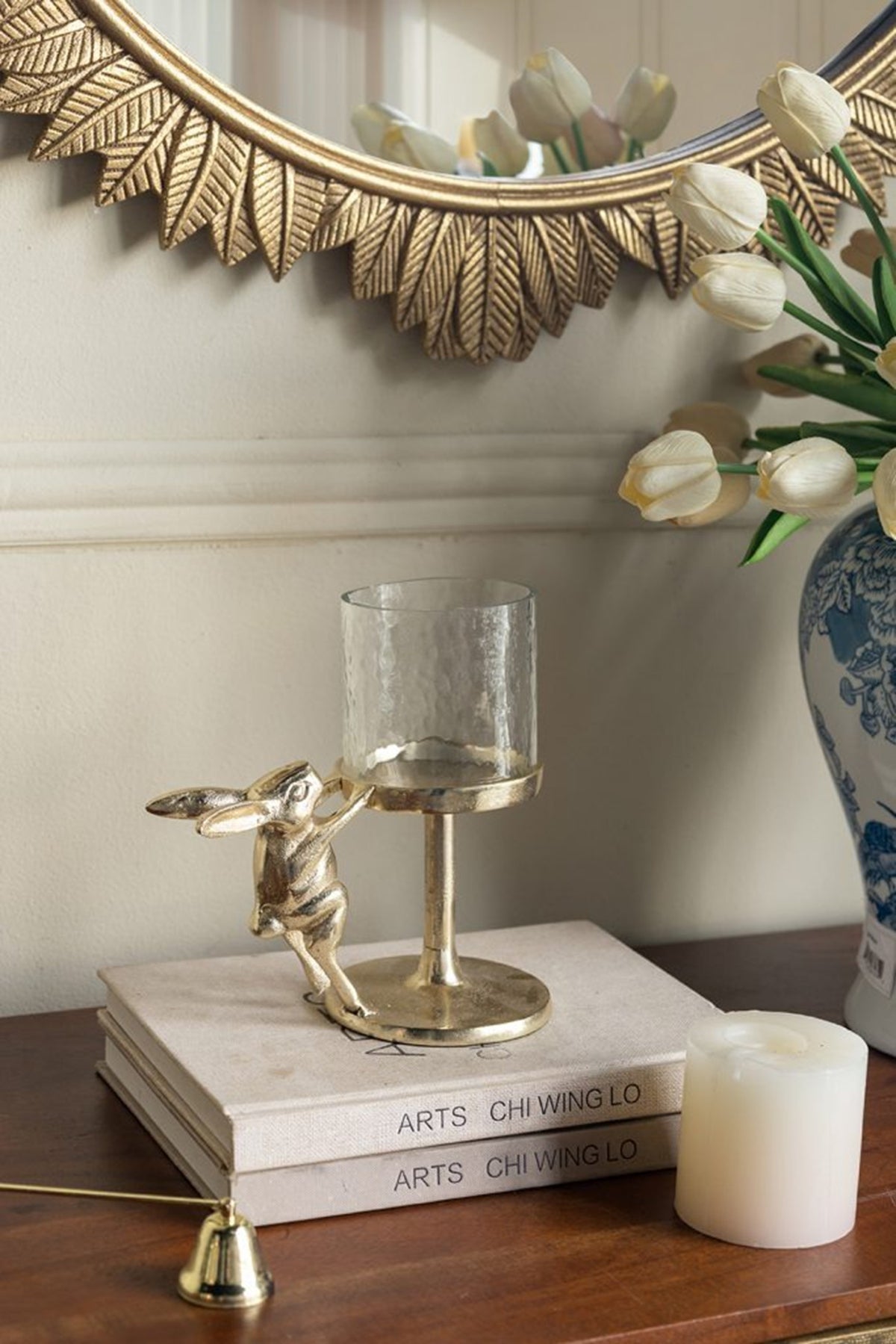 Gold Rabbit Pillar Candle Holder with Clear Glass Hurricane Shade, Short