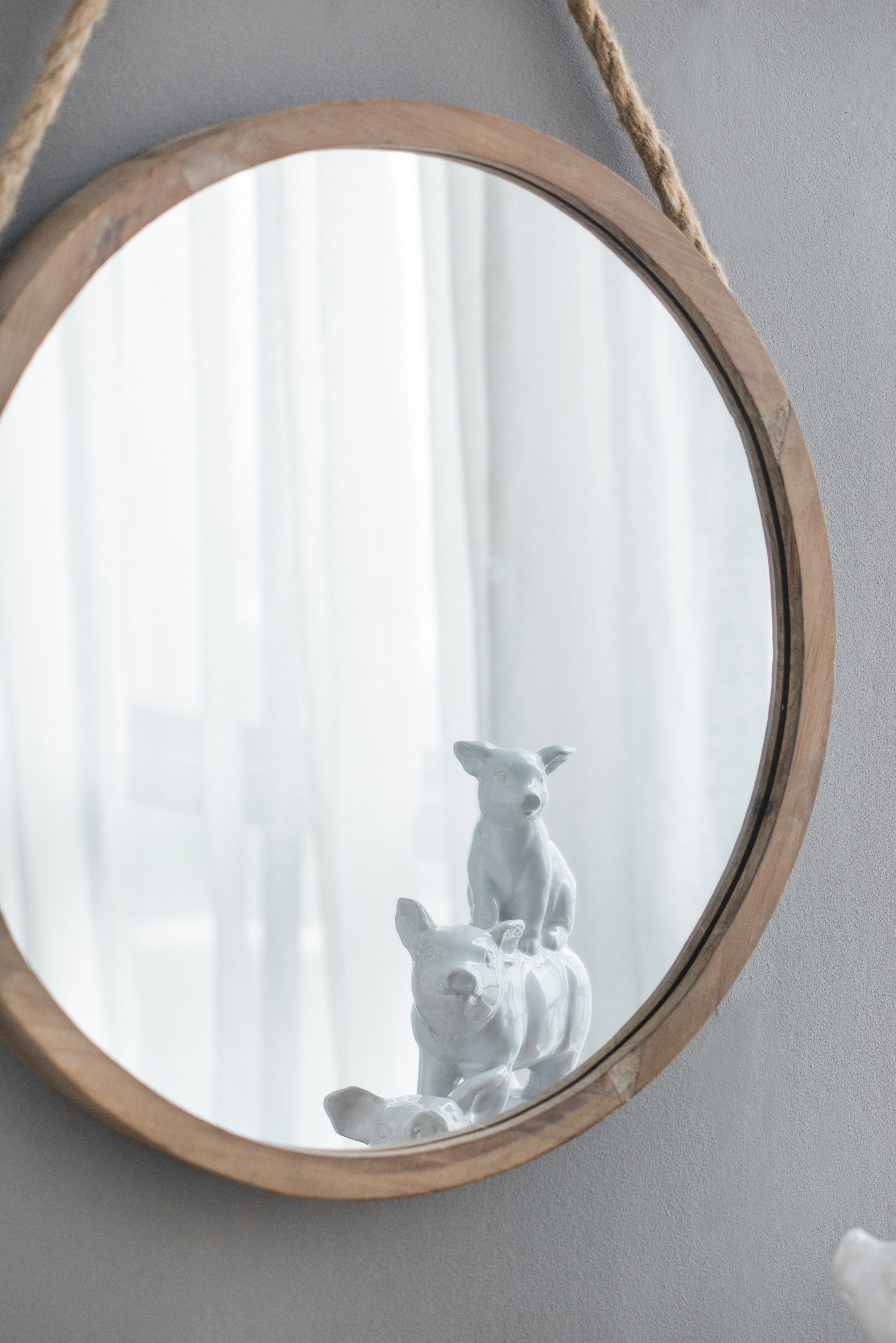 Round Wall Mirror with Jute Handle and Wood Frame