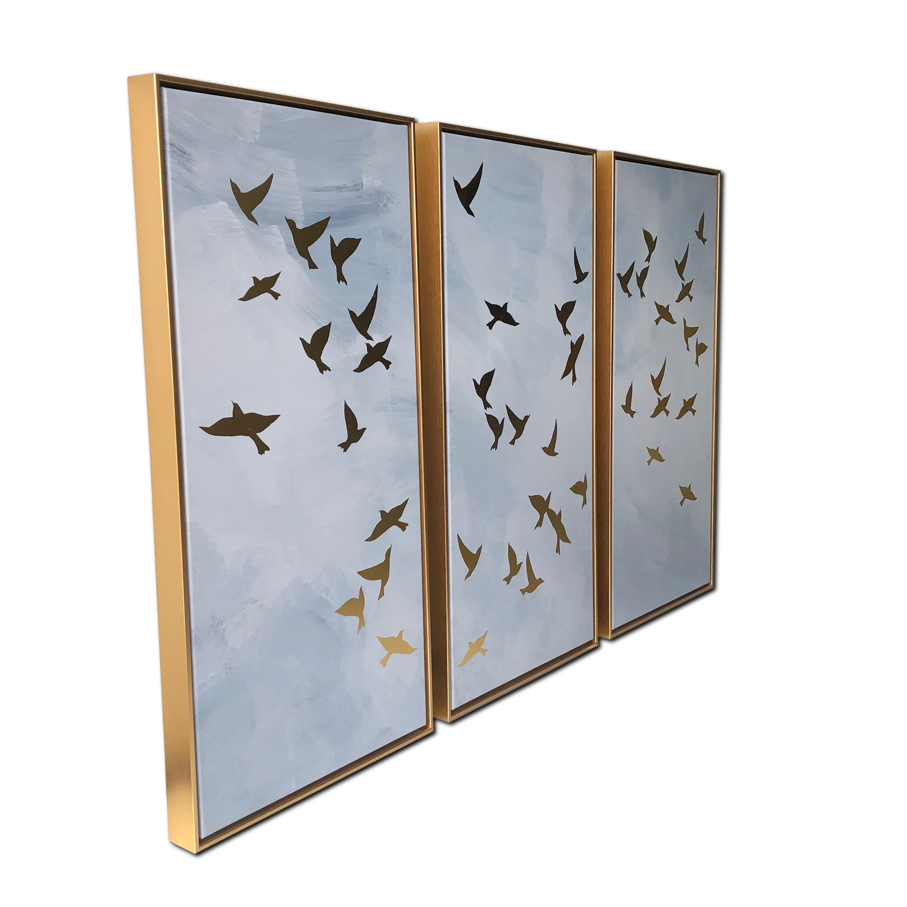 Golden Birds 3-Piece Set Print on Gold Floating Framed Canvas Wall Art, 48"x30"