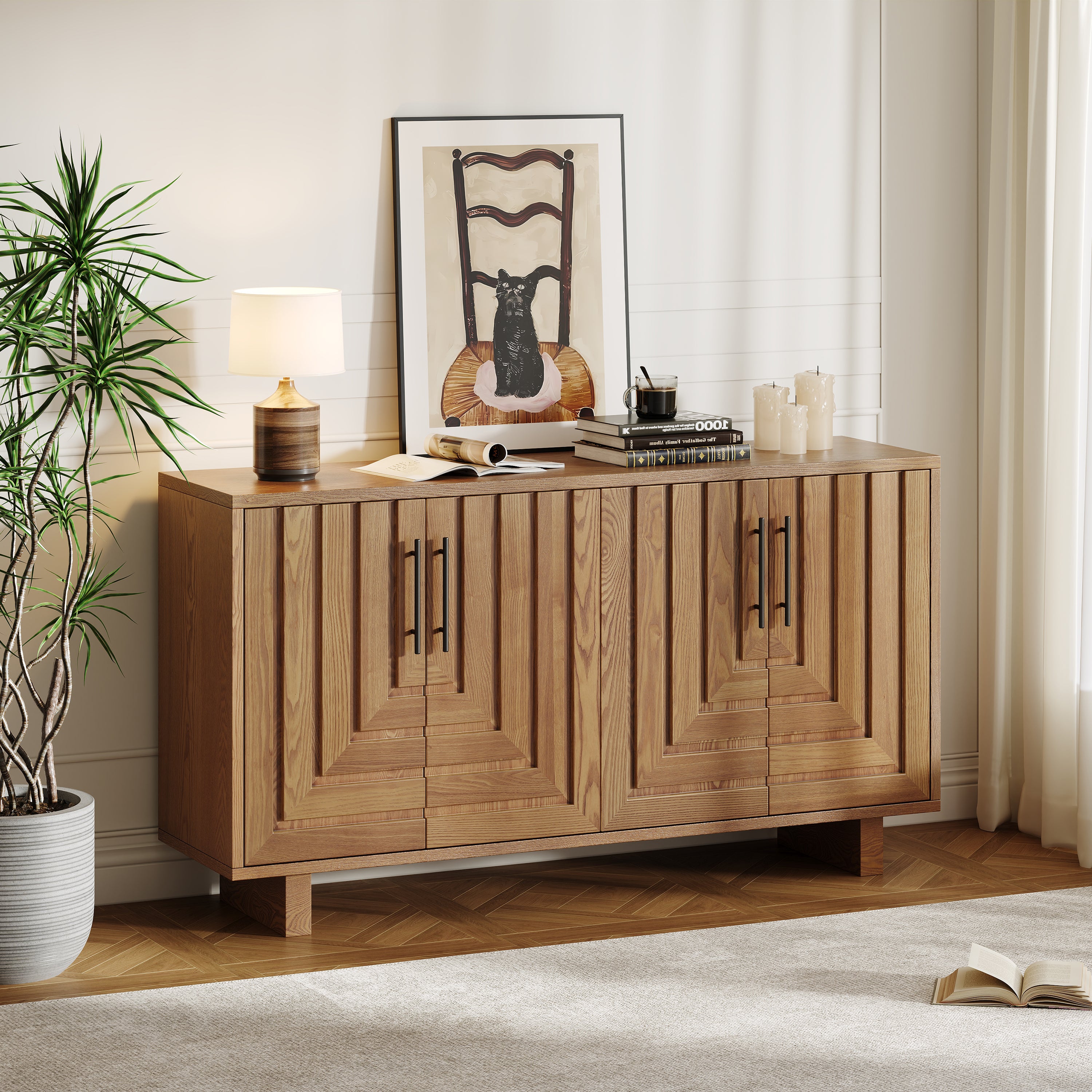 Modern Sideboard Storage Cabinet with 4 Doors & Metal Handles