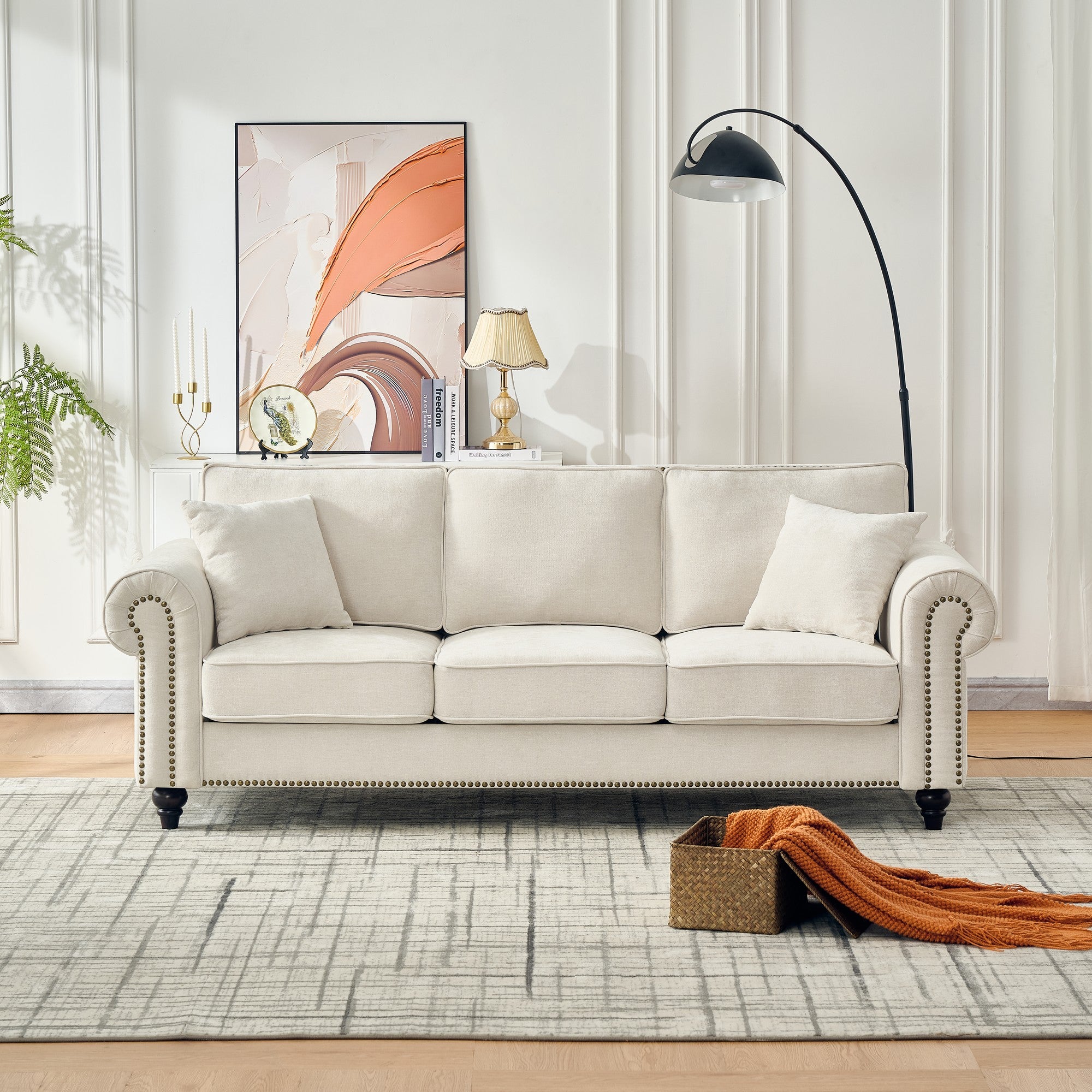 Modern 86" 3-Seater Sofa with Tufted Upholstery, Rolled Arms, and Nailhead Trim