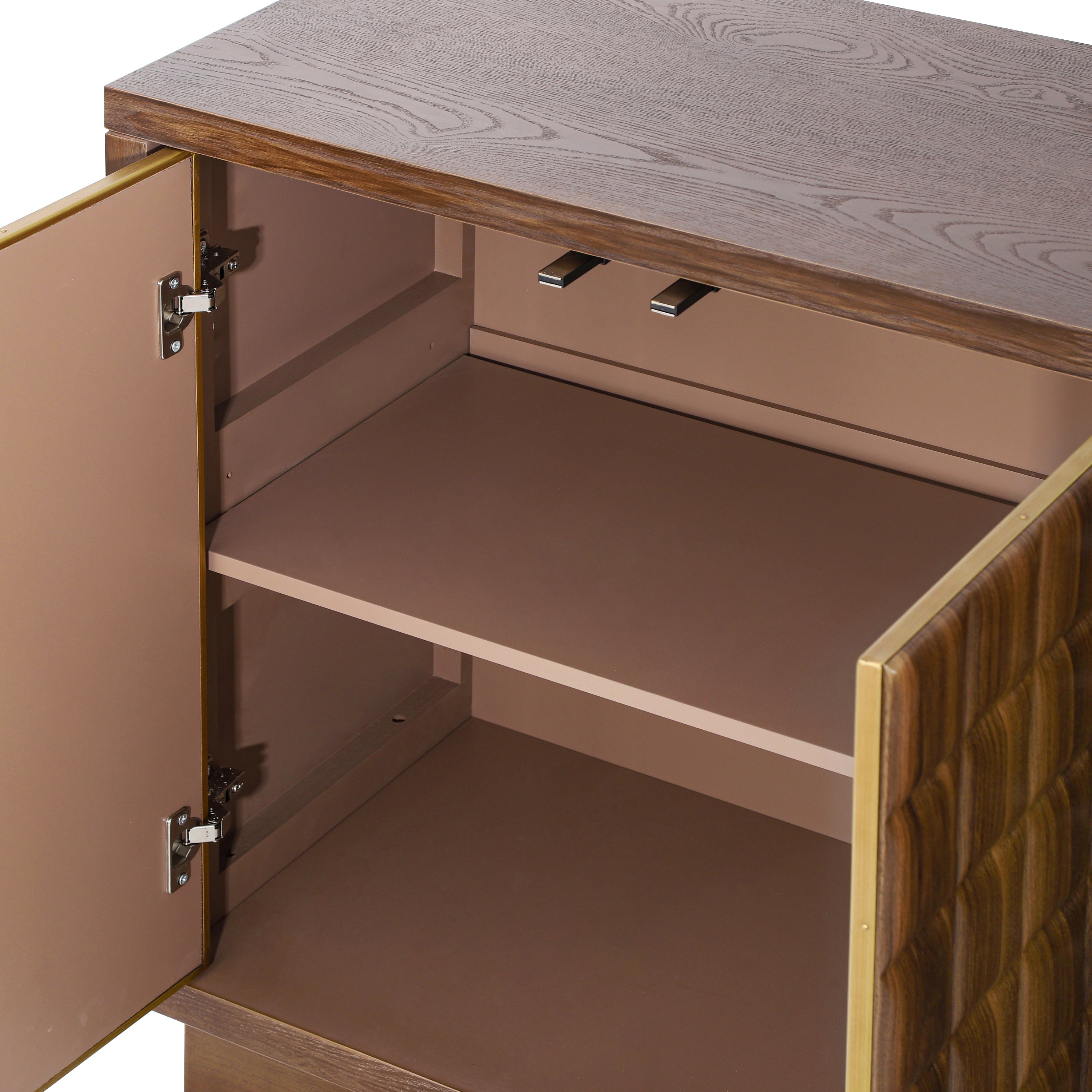 Modern 4-Door Storage Cabinet with 3D Geometric Doors & Metal Trim