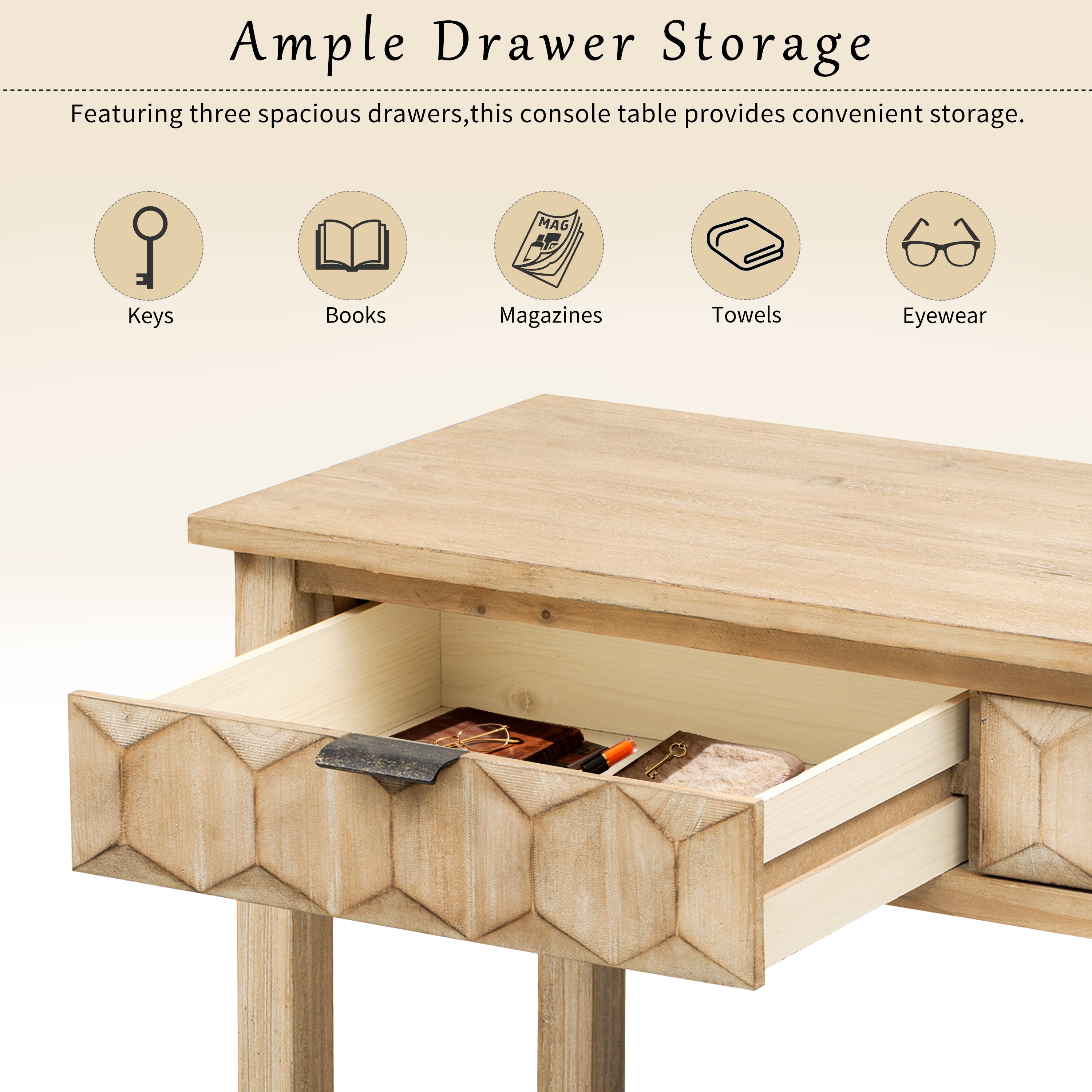 Honeycomb Pattern Console Table with 3 Drawers