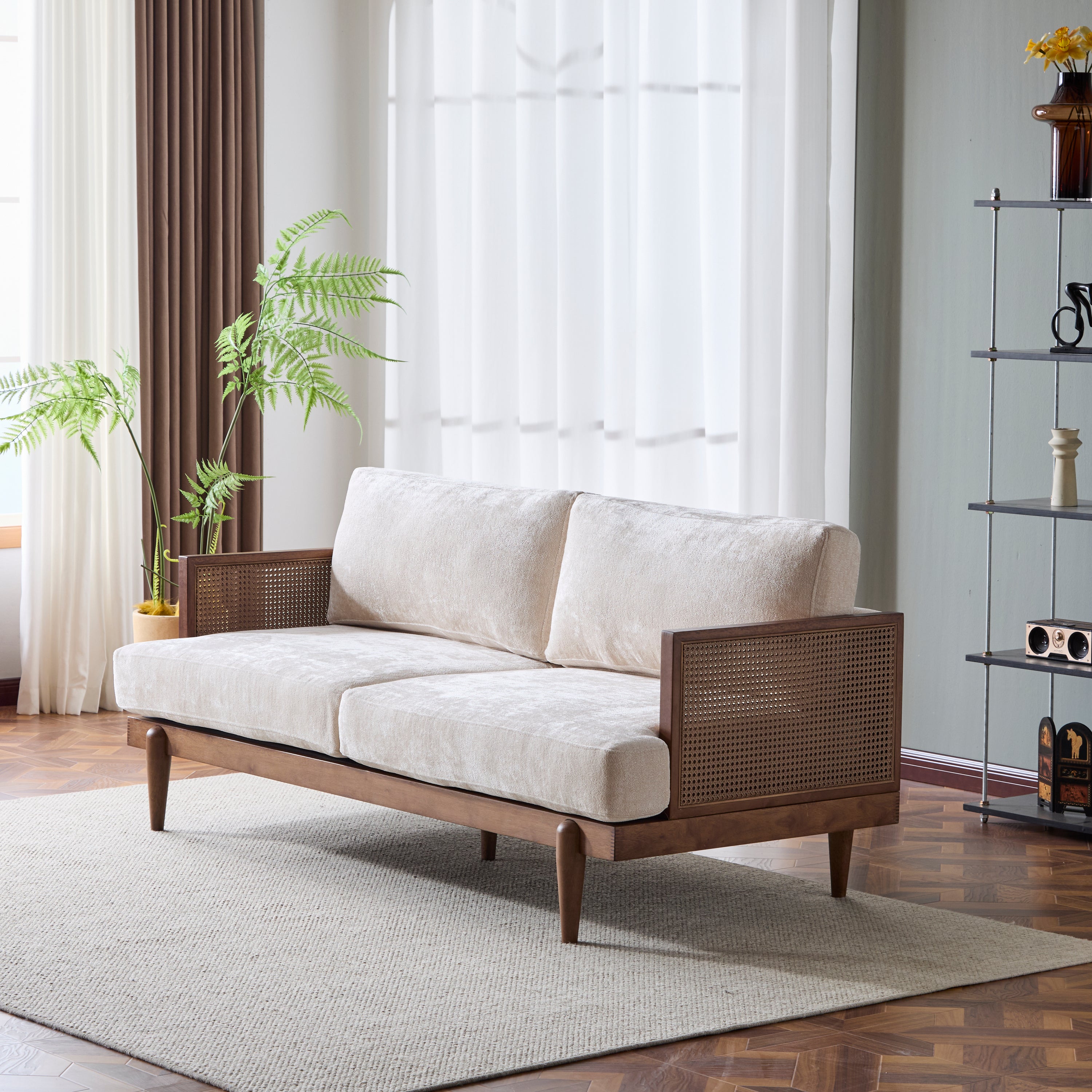 3-Seater Sofa with Cane Rattan and Wooden Frame