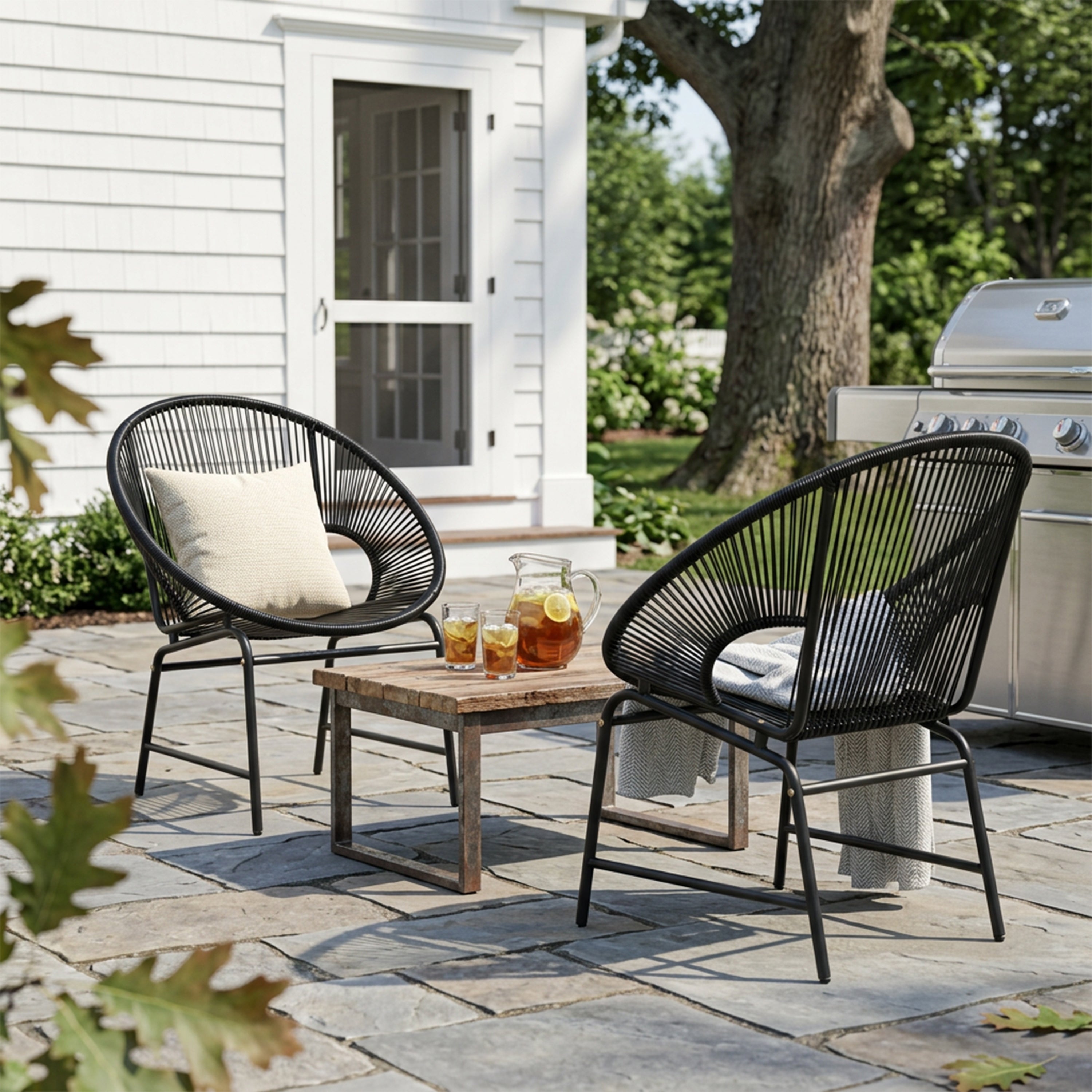 NUSA OUTDOOR PATIO WICKER CHAIR, TEAL PE RATTAN & IRON FRAME, SET OF 2