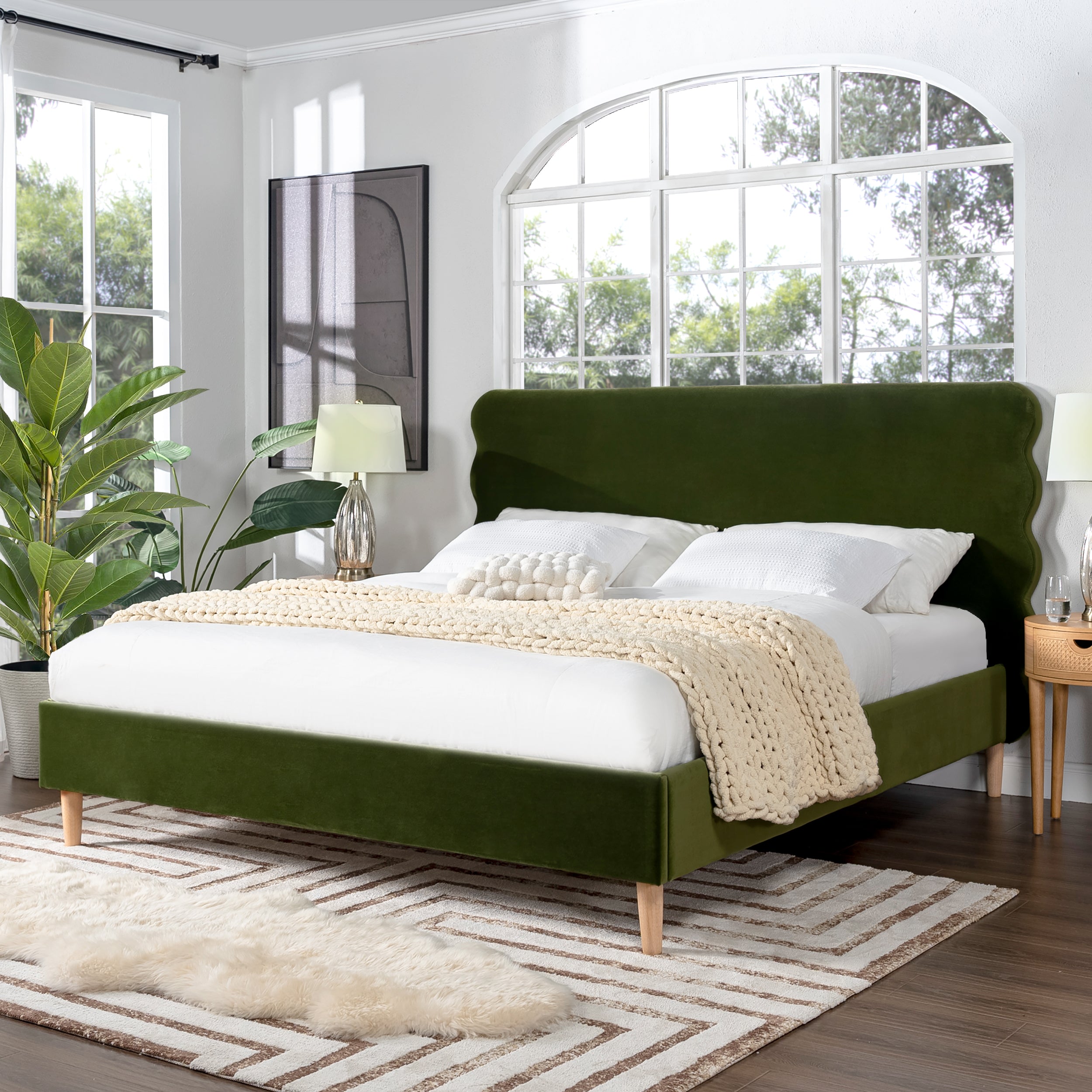 Essencee Upholstered Platform Bed with Wavy Headboard and Wood Legs