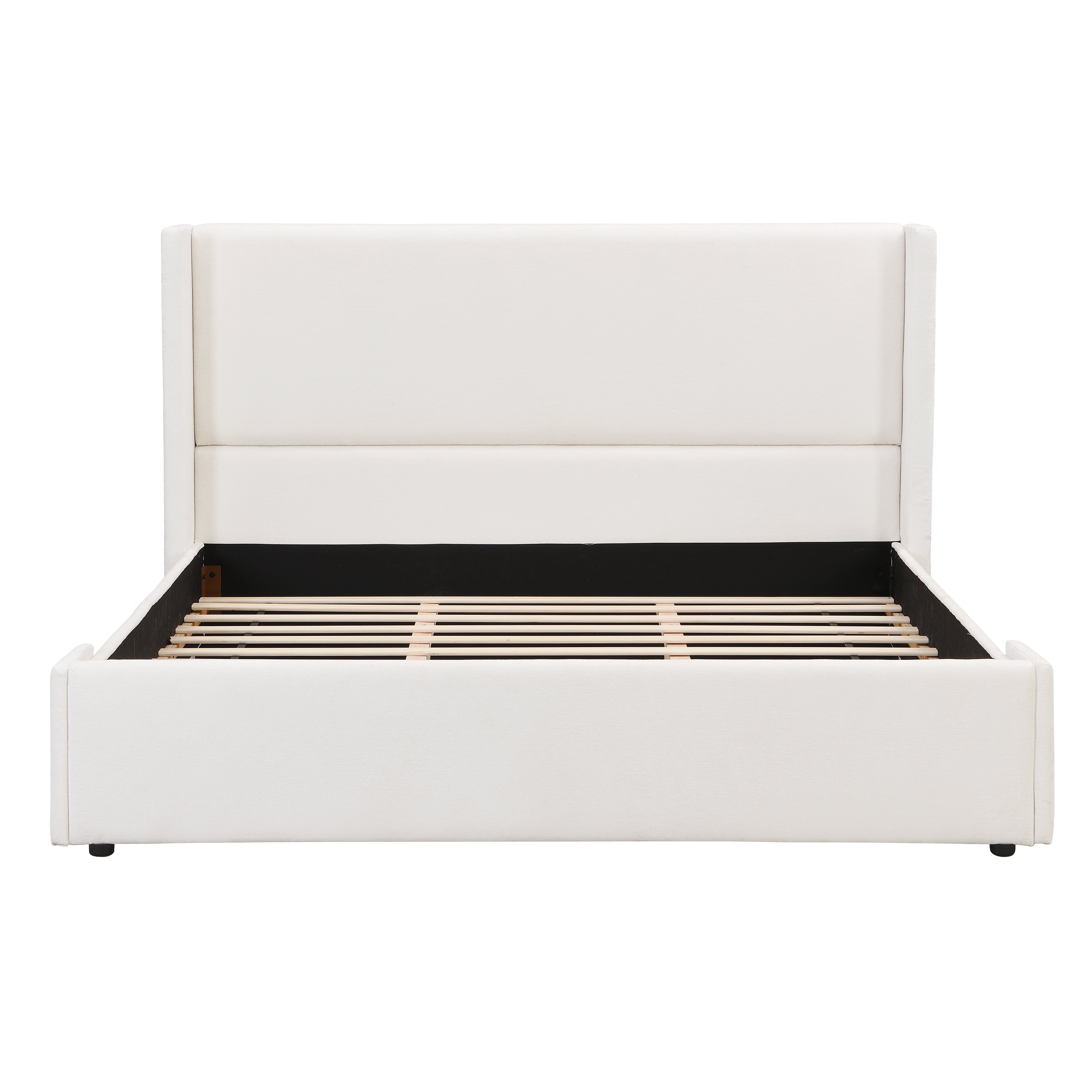 Elegant White Fabric Upholstered Bed with Tall Headboard