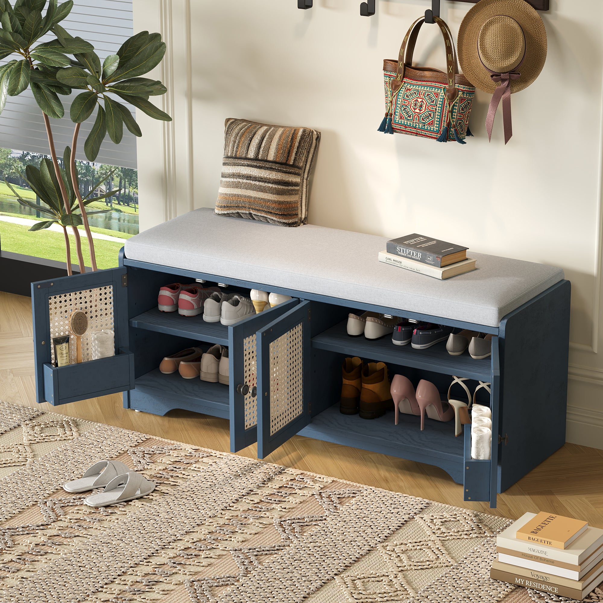 Storage Bench with Rattan Doors