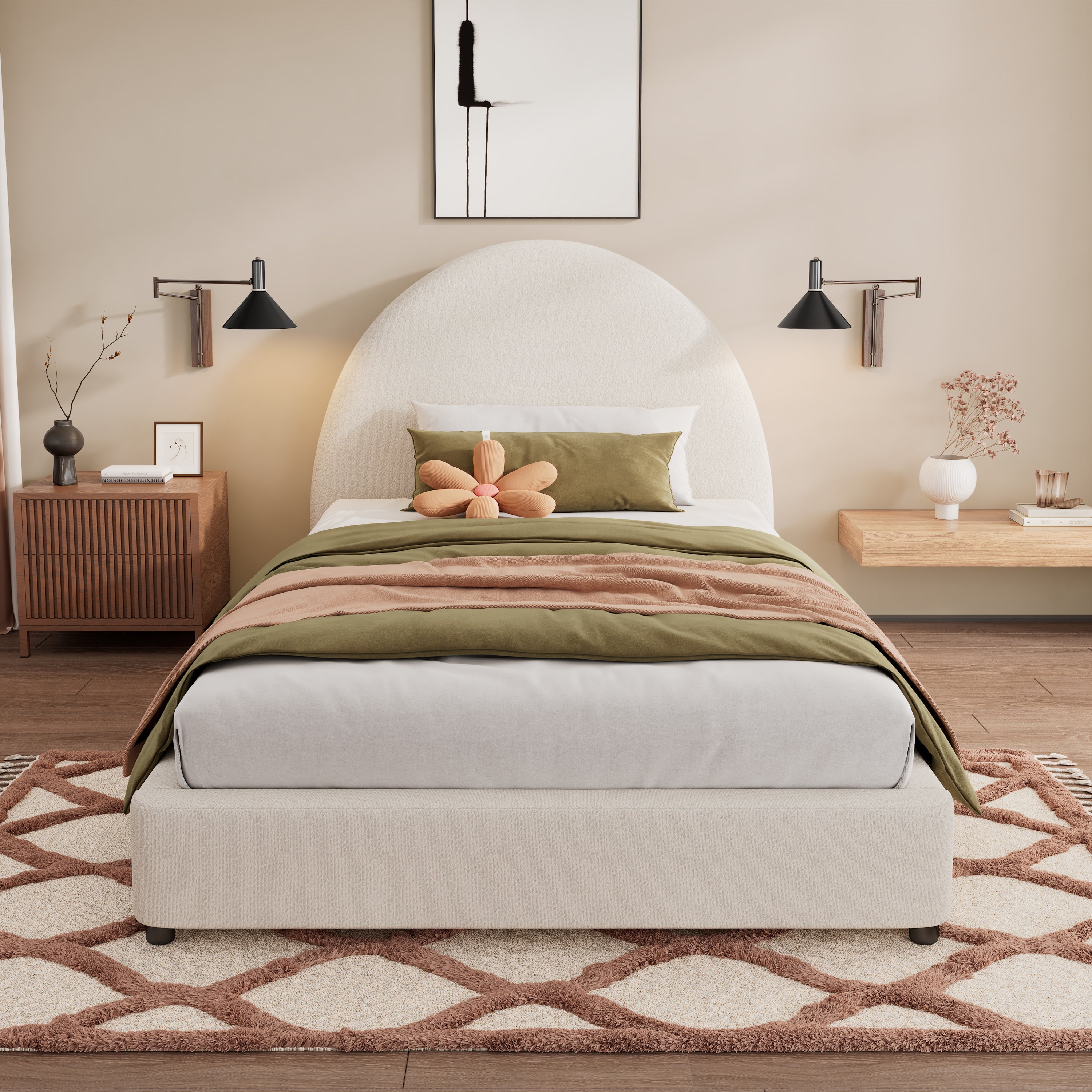 Bed Frame With Boucle Upholstered Round Curved Headboard