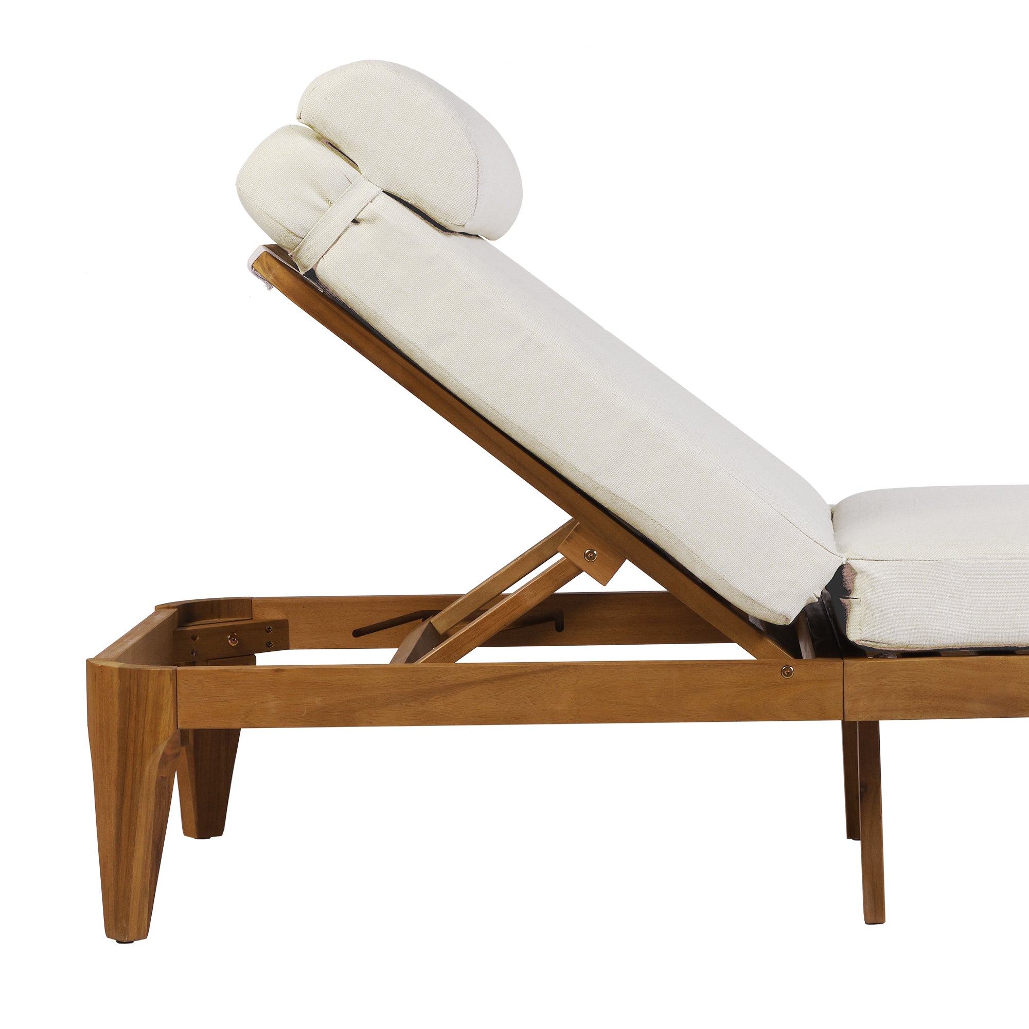 Outdoor Acacia Wood Sun Lounge Chair, Patio Recliner with Adjustable Backrest and Head Pillow