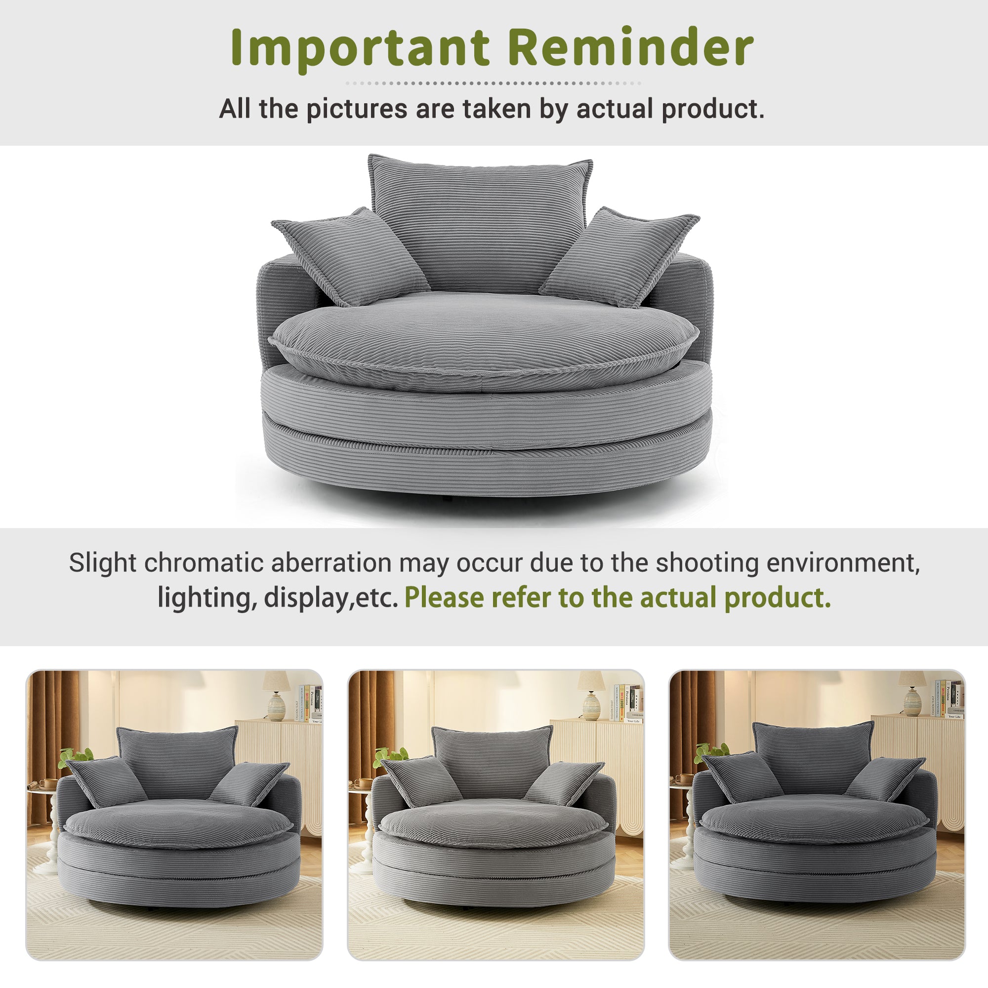 Corduroy 360° Swivel Accent Barrel Chair with 3 Removable Pillows