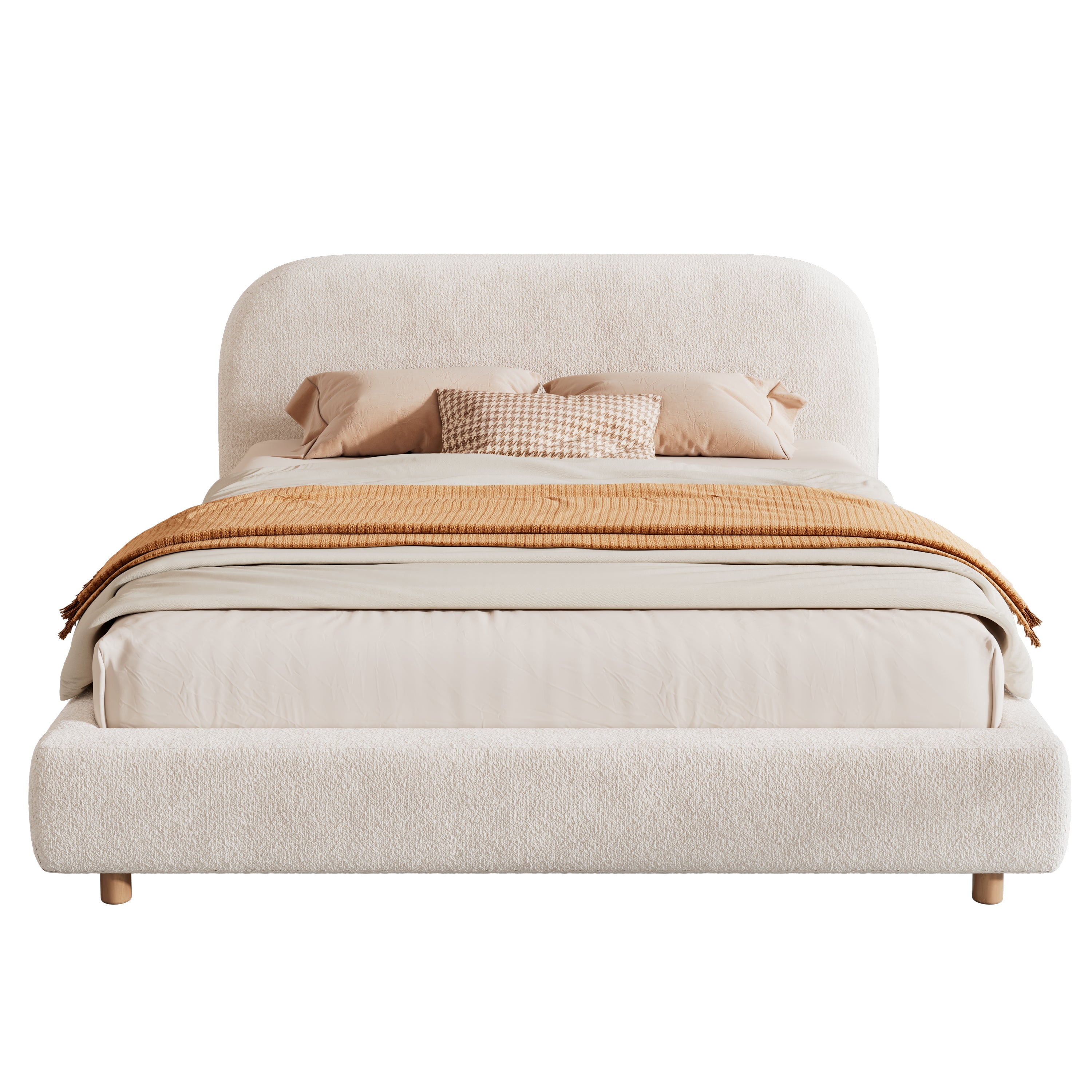 Boucle Fabric Upholstered Platform Bed with Curve-Shaped Design Headboard
