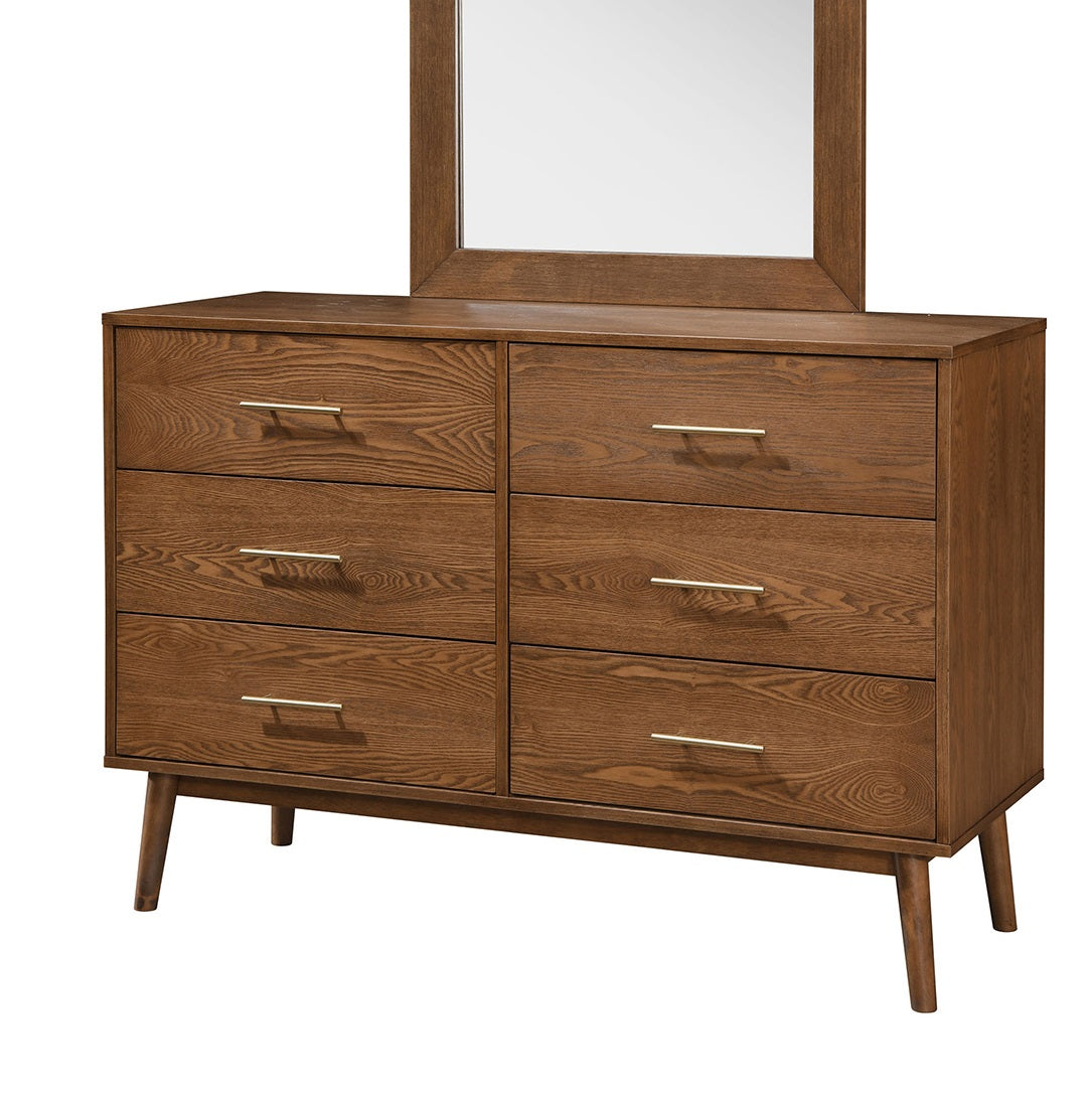 Walnut Dresser with Nickle Bar Pullsand Round Tapered Legs