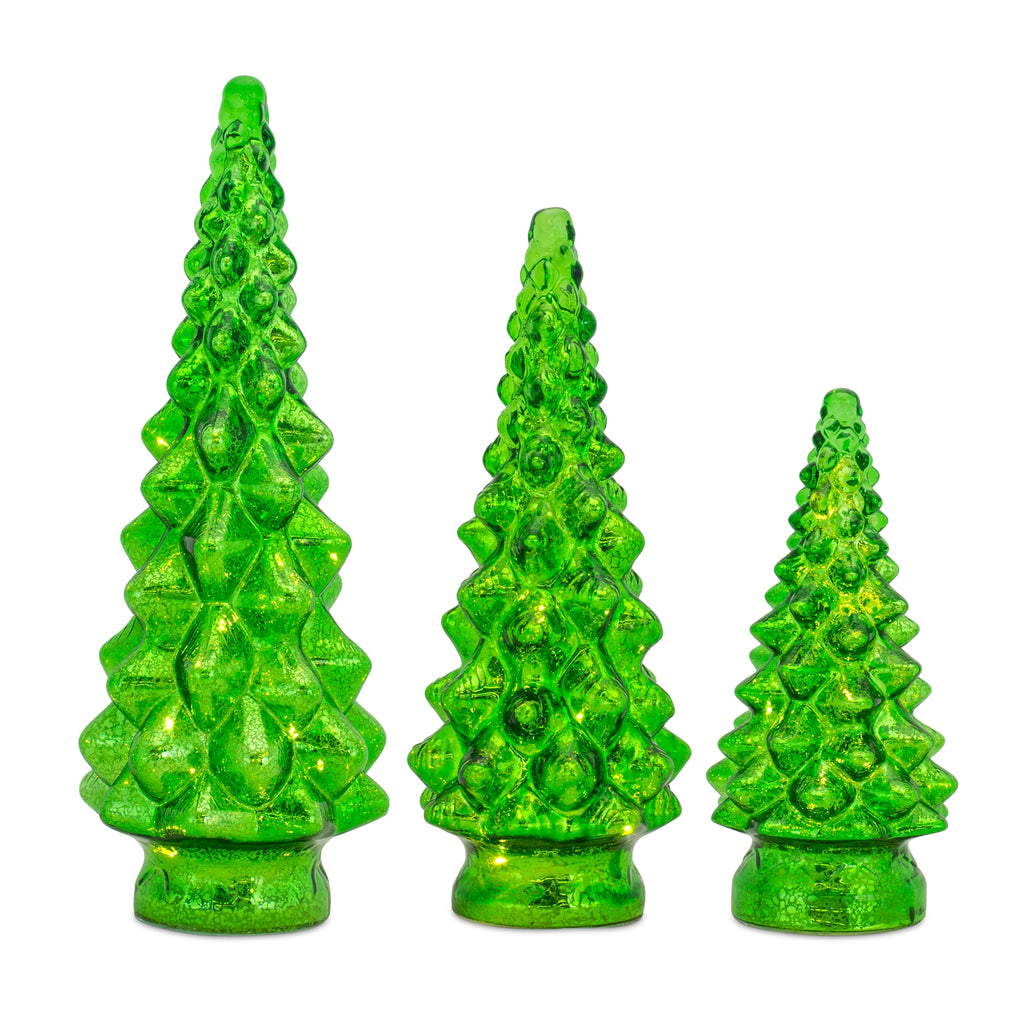 LED-Lighted-Green-Mercury-Glass-Holiday-Tree-Decor,-Set-of-3-Christmas-Decor