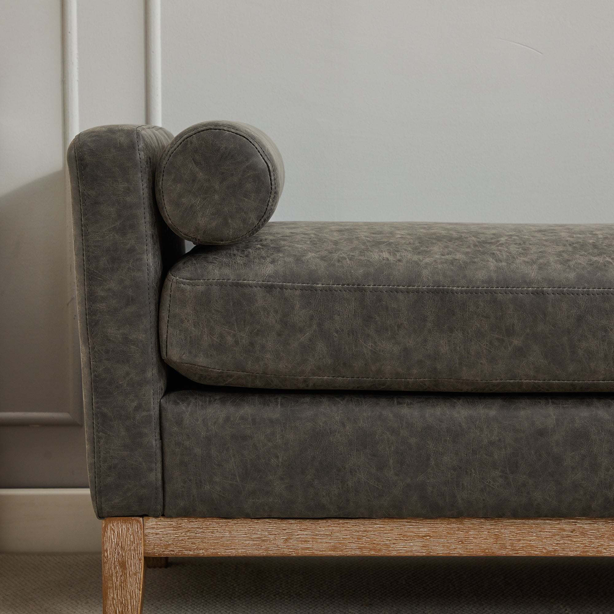 Upholstered Bench with Wood Legs and Two Bolster Pillows