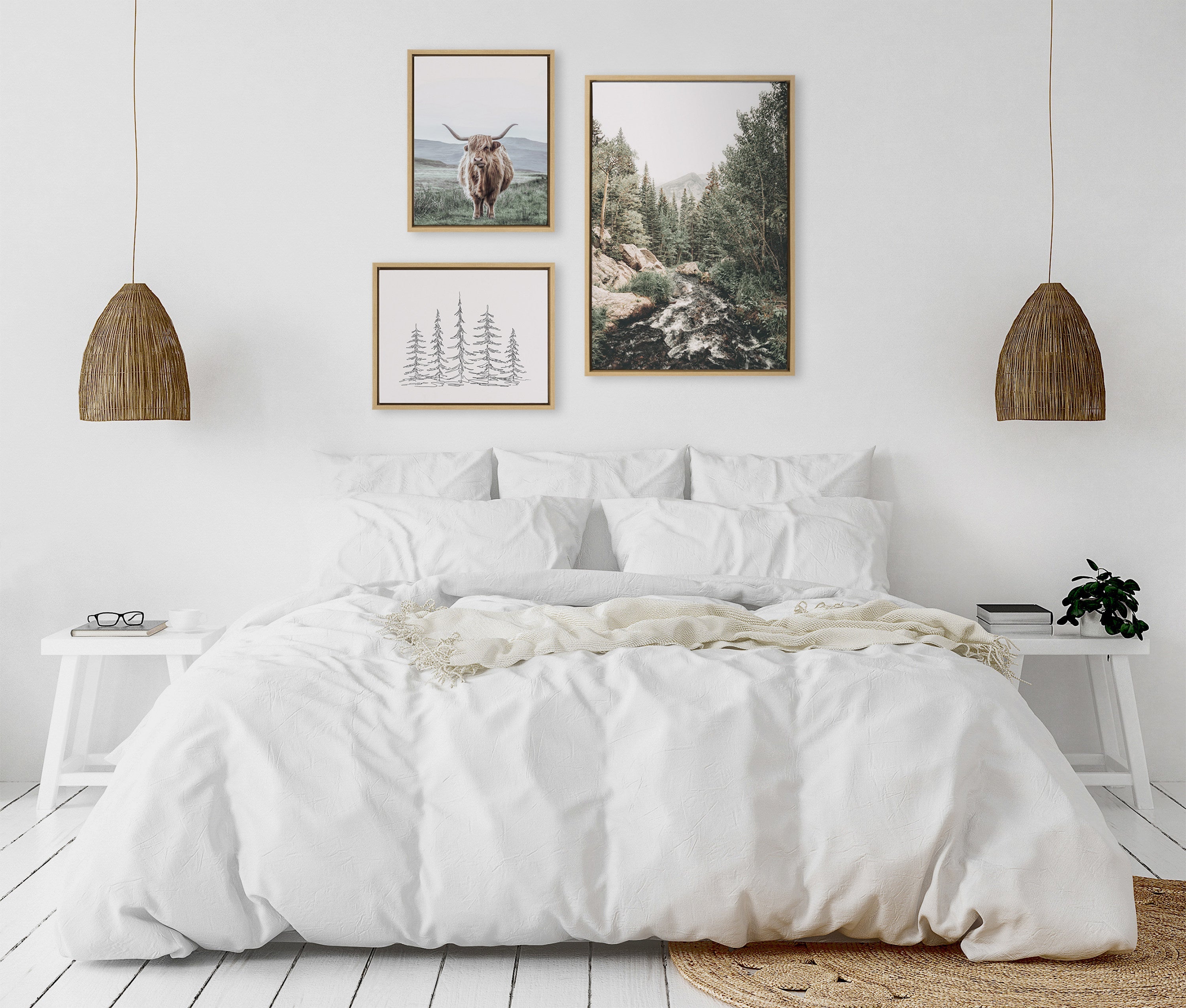 Sylvie Meet Me Here, Highland Cow Muted Mountain Landscape and Minimalist Evergreen Trees Sketch Framed Canvas Set by Various Artists