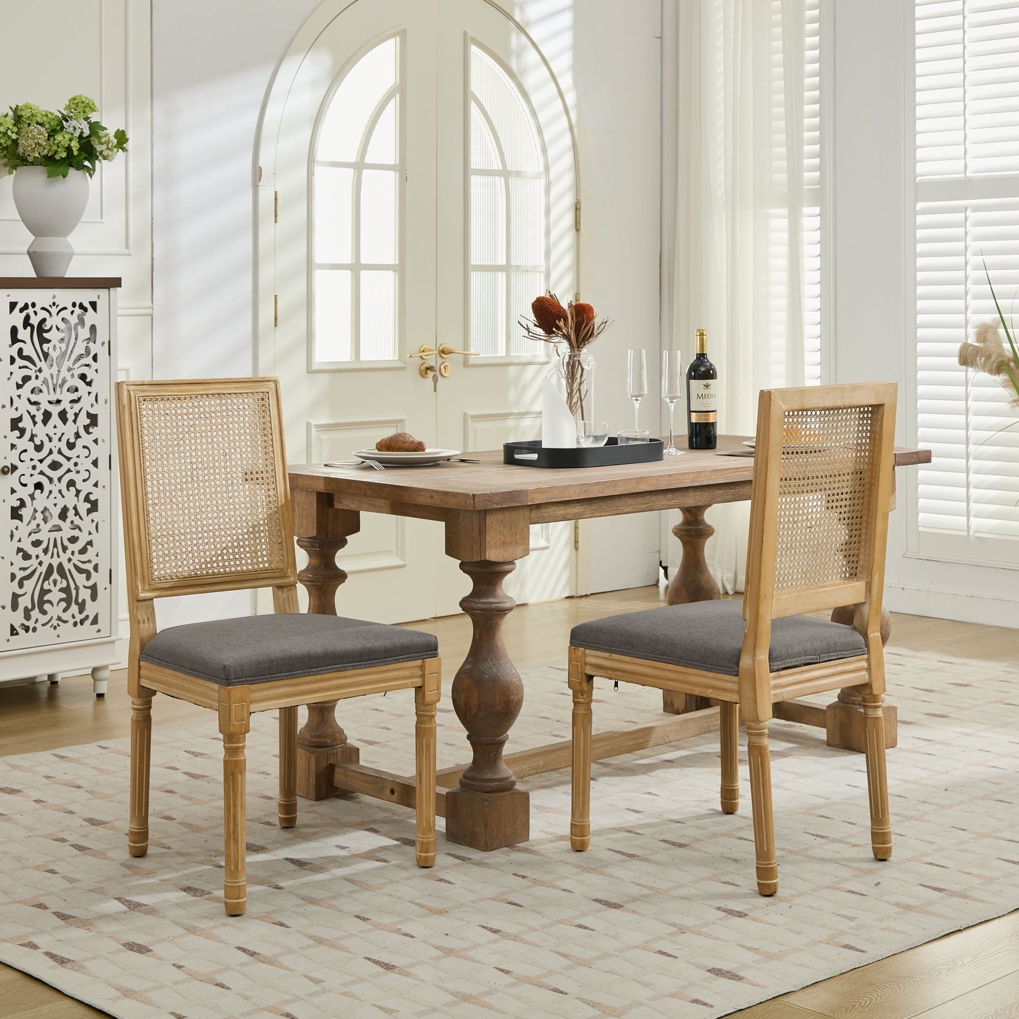 Louis French Country Dining Chairs with Square Rattan Backrest, Set of 2