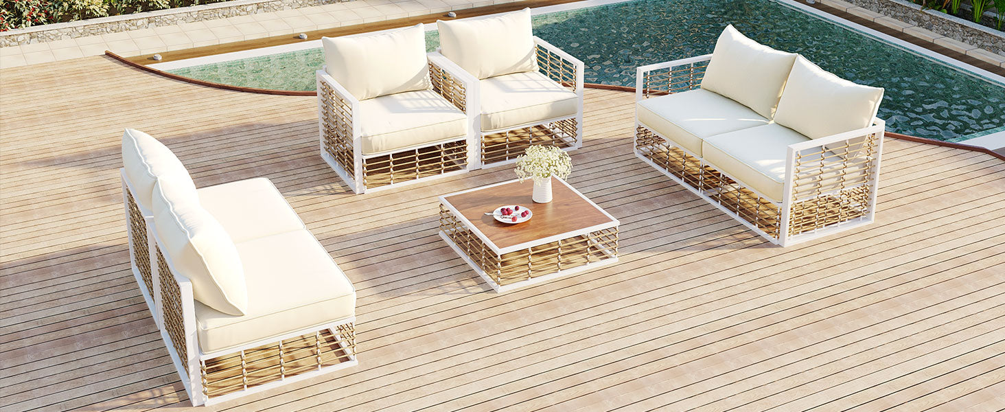Modern Minimalist 7-Piece Metal All-Weather Conversational Furniture Set with Thick Cushions and Coffee Table