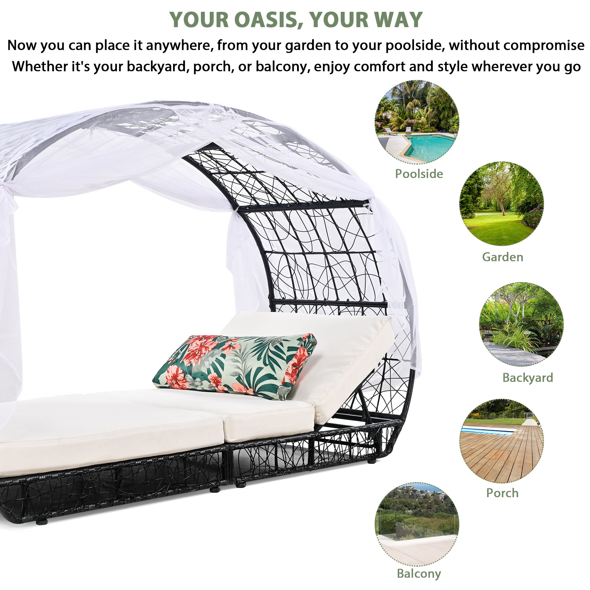 90.55" Outdoor Daybed with Curtain and Adjustable Backrest