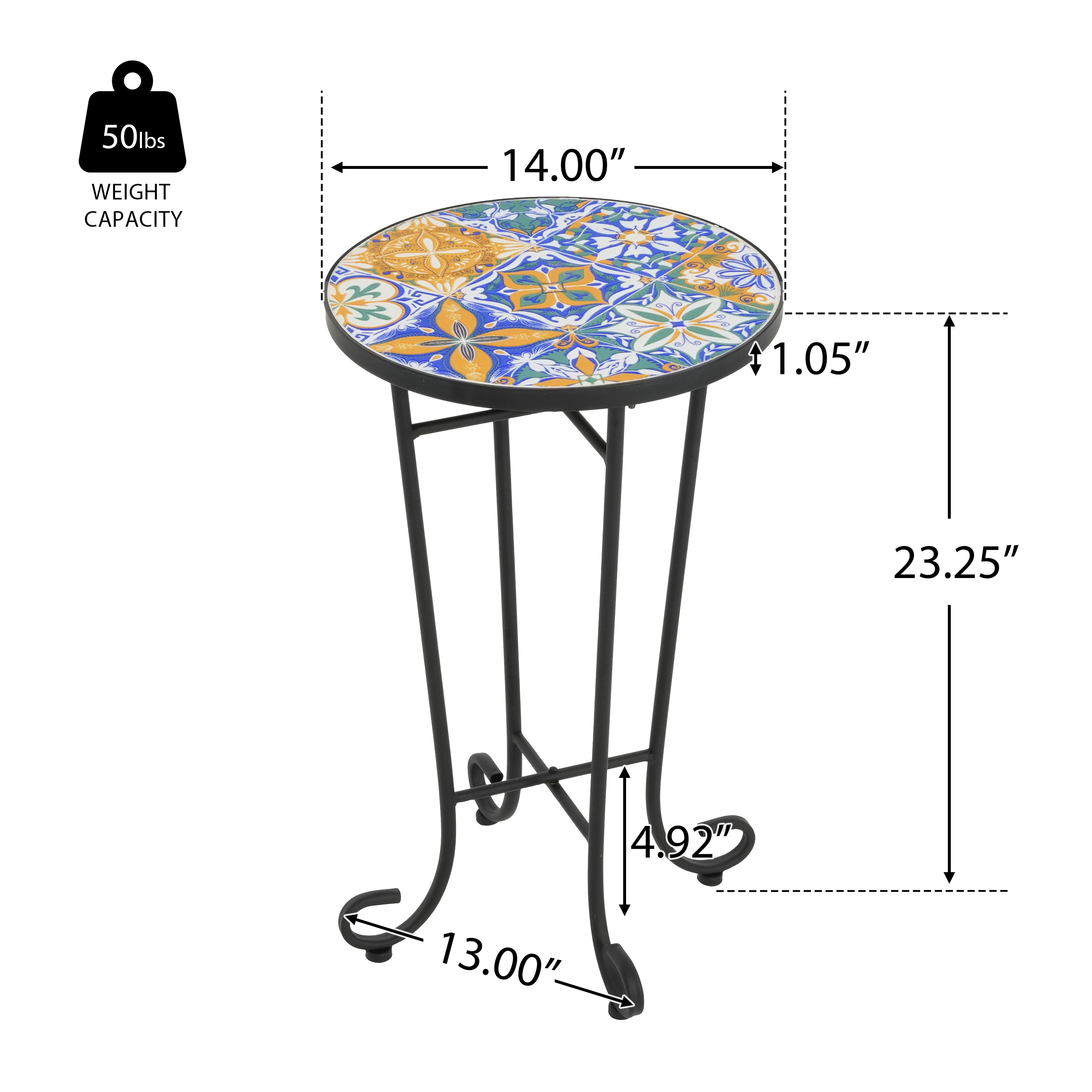 Warmthly Outdoor Round Side Table with Vibrant Tile Top and Elegant Scrolling Legs