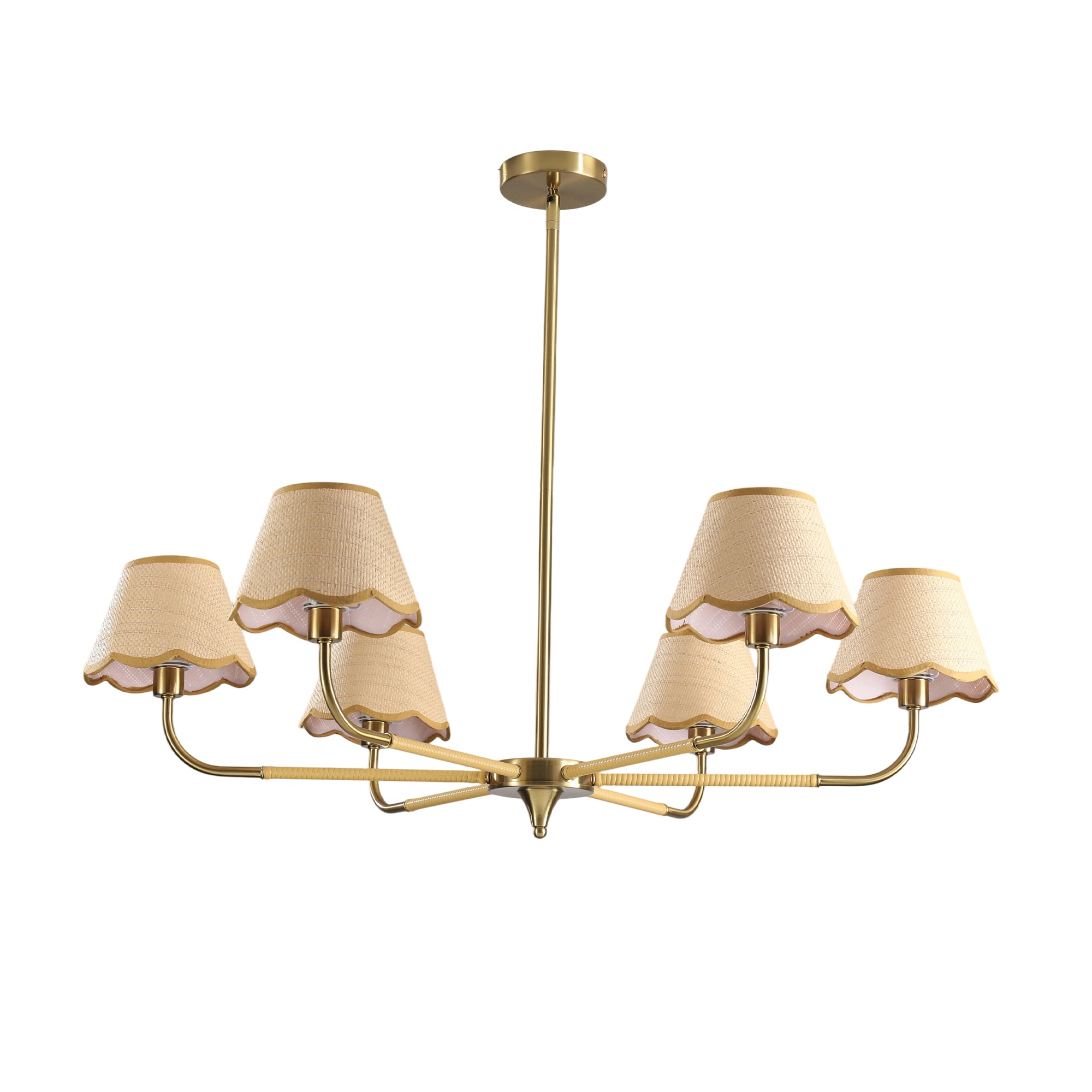 6-Light Gold Chandelier with Hand-Woven Rattan Lampshades