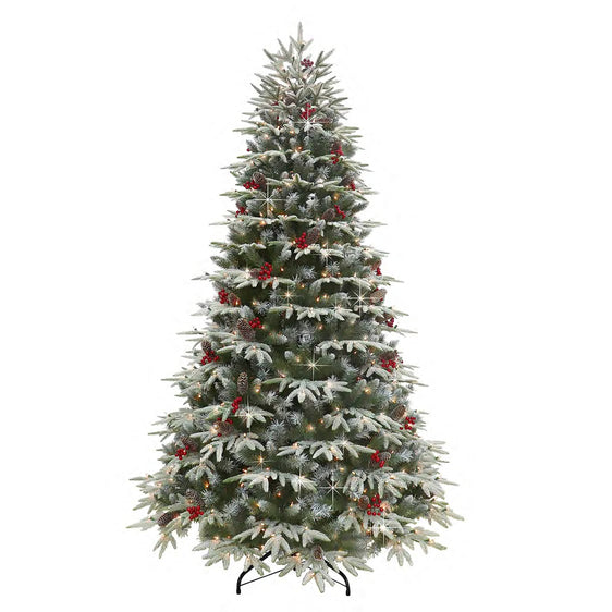 6.5 ft Pre-lit Flocked Halifax Fir Artificial Christmas Tree with Clear Lights, Pinecones & Red Berries and Metal Stand