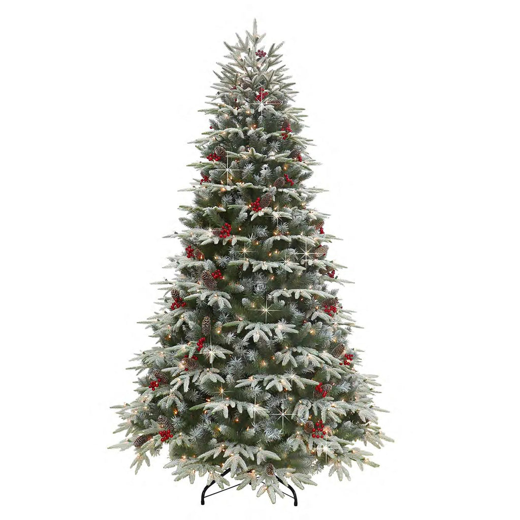 7.5 ft Pre-lit Flocked Halifax Fir Artificial Christmas Tree with Clear Lights, Pinecones & Red Berries and Metal Stand