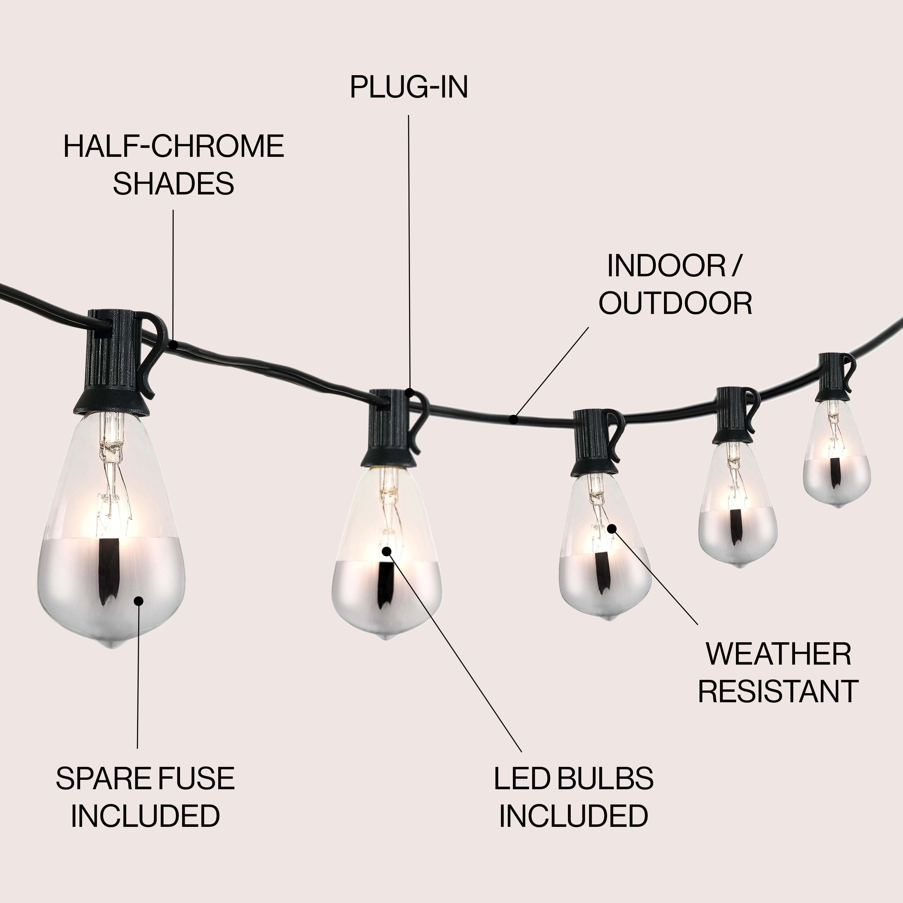 10-Light Indoor/Outdoor Rustic Industrial Incandescent C7 Half-Chrome Bulb String Lights