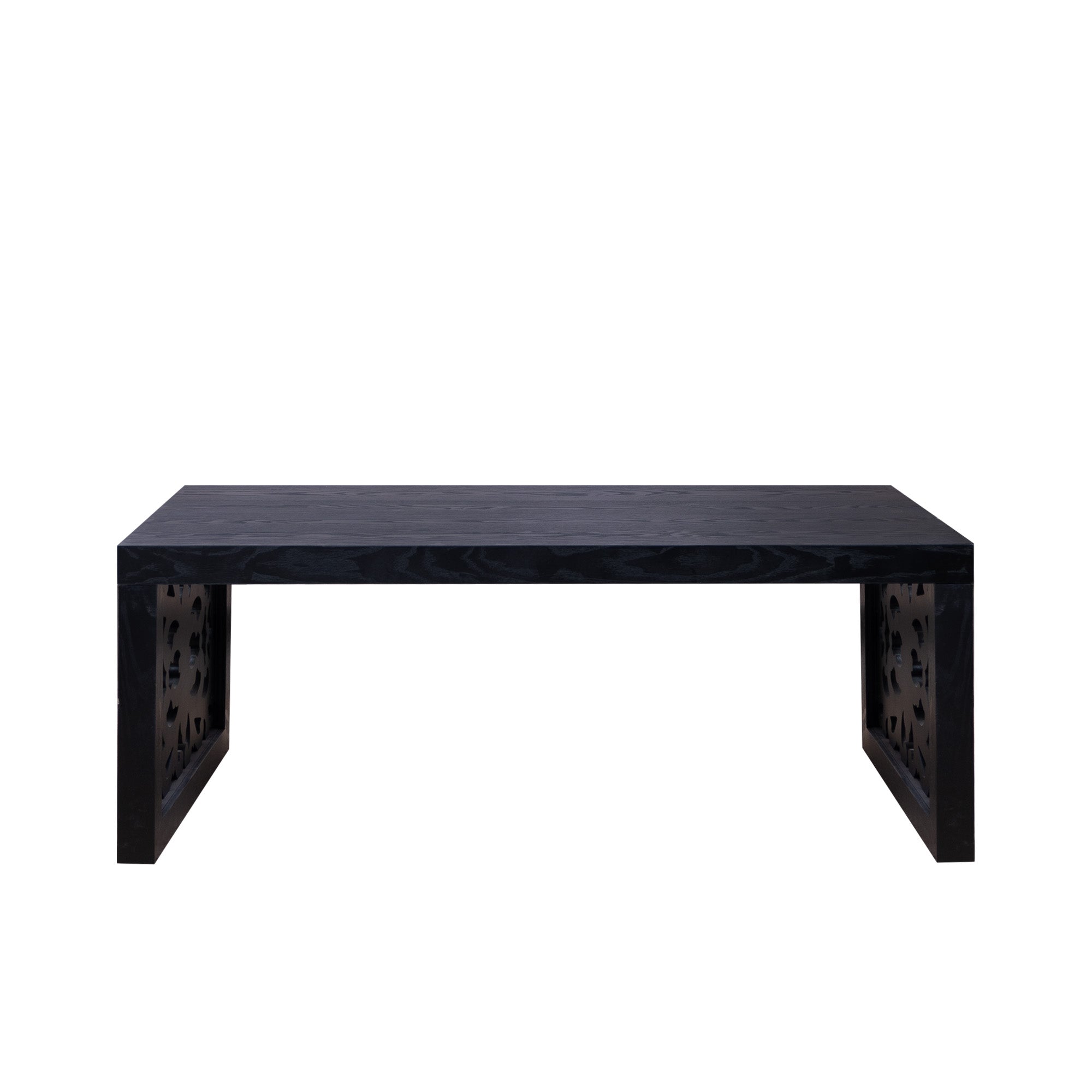 Handcrafted Rustic Wood Coffee Table with Ornate Side Panels