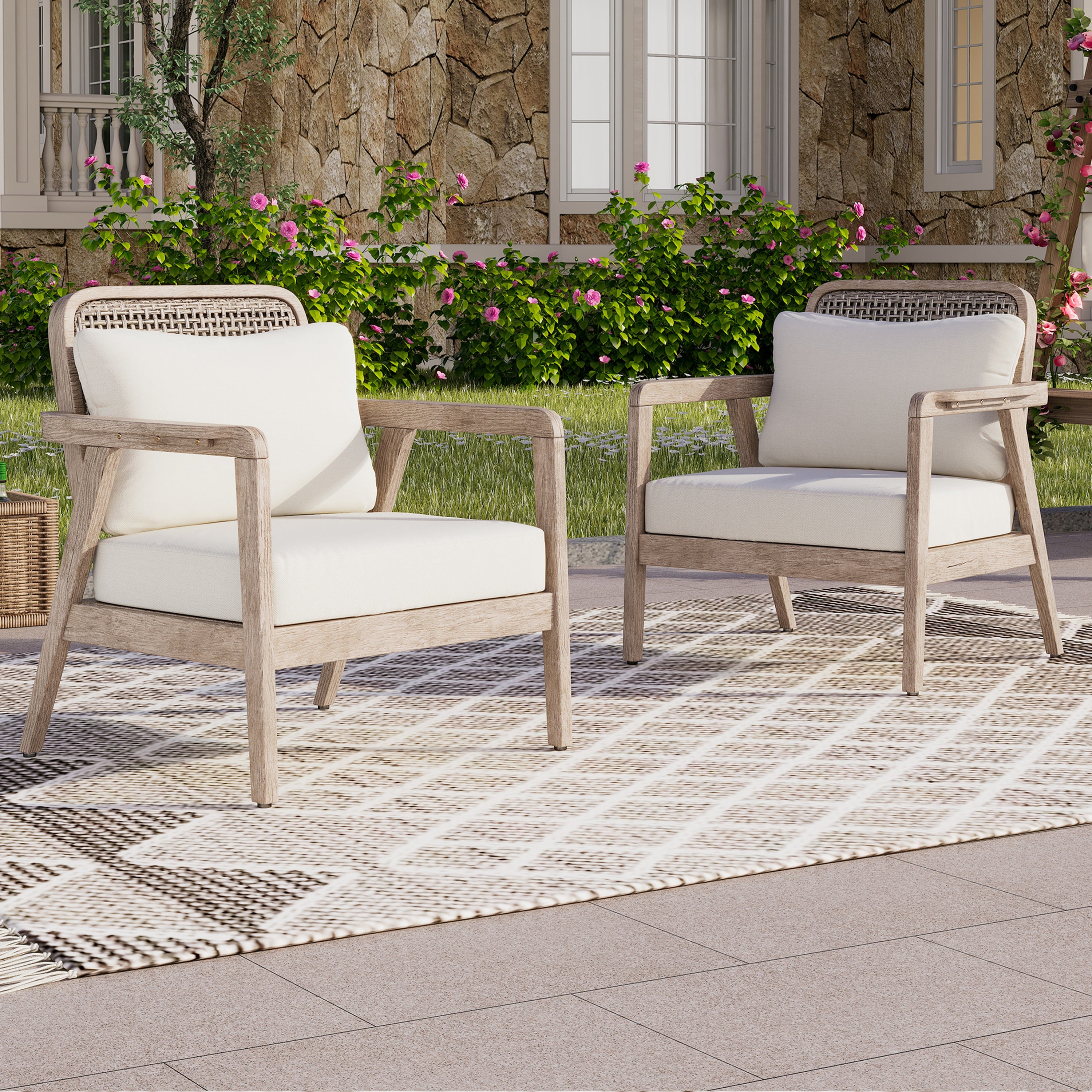 Outdoor Club Chair with Weaving Pattern Back and Deep Seat Cushion, Set of 2