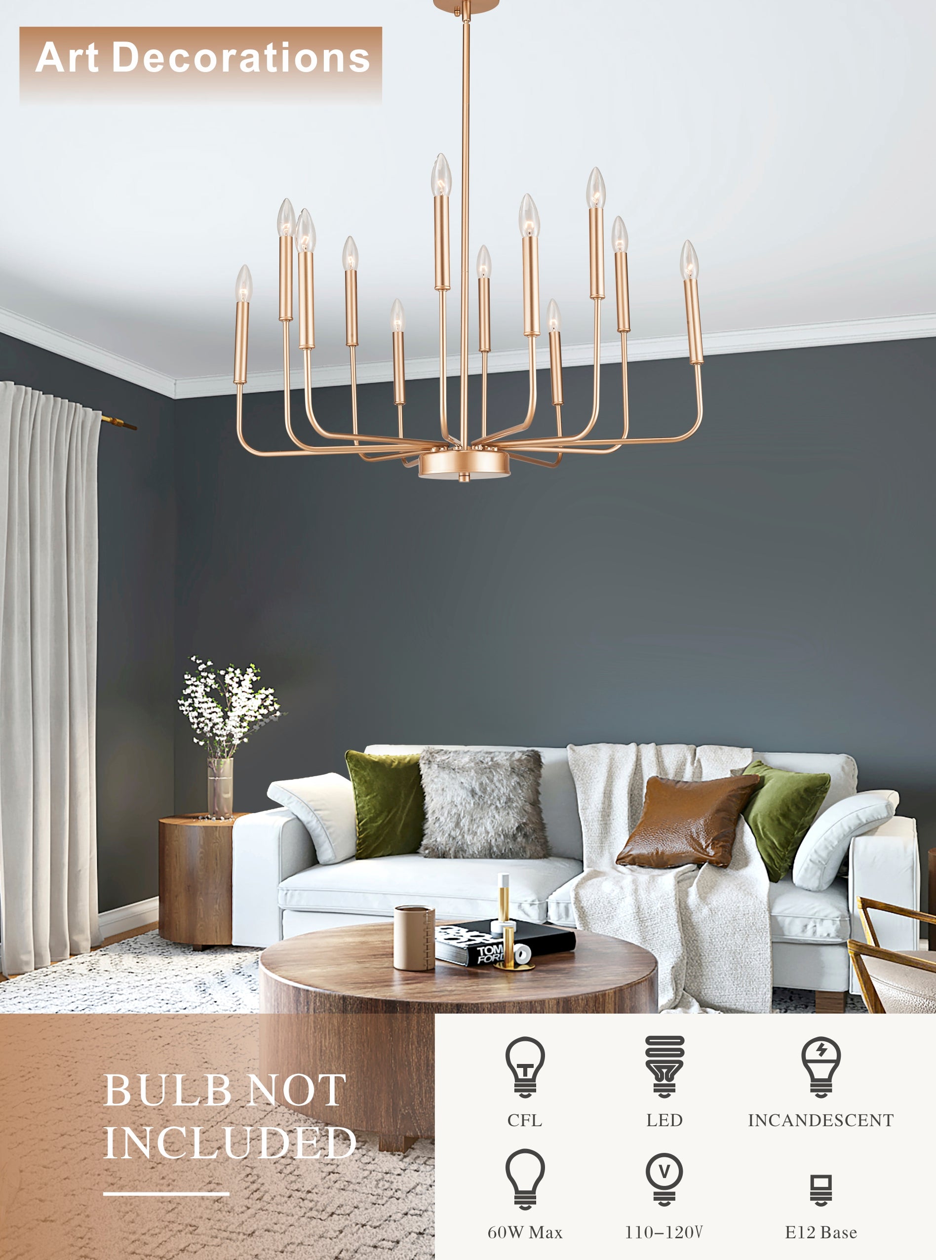 12-Light Pendant Light with Adjustable Height and Candle Hanger Design