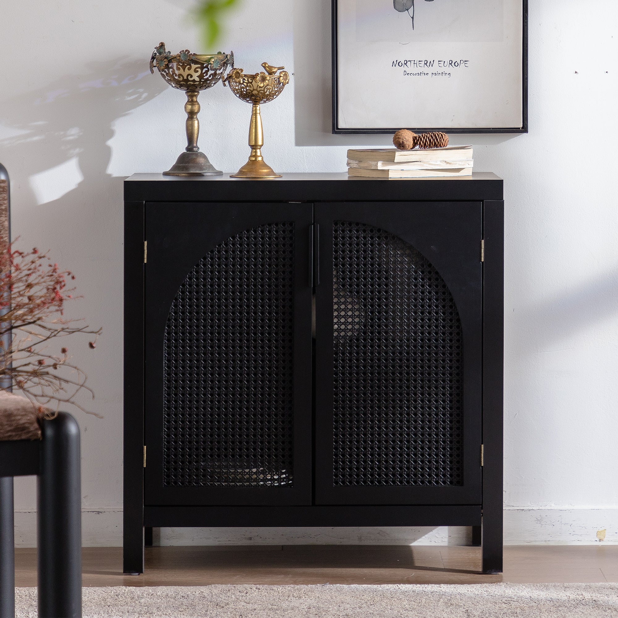 Black Accent Cabinet with Rattan Doors