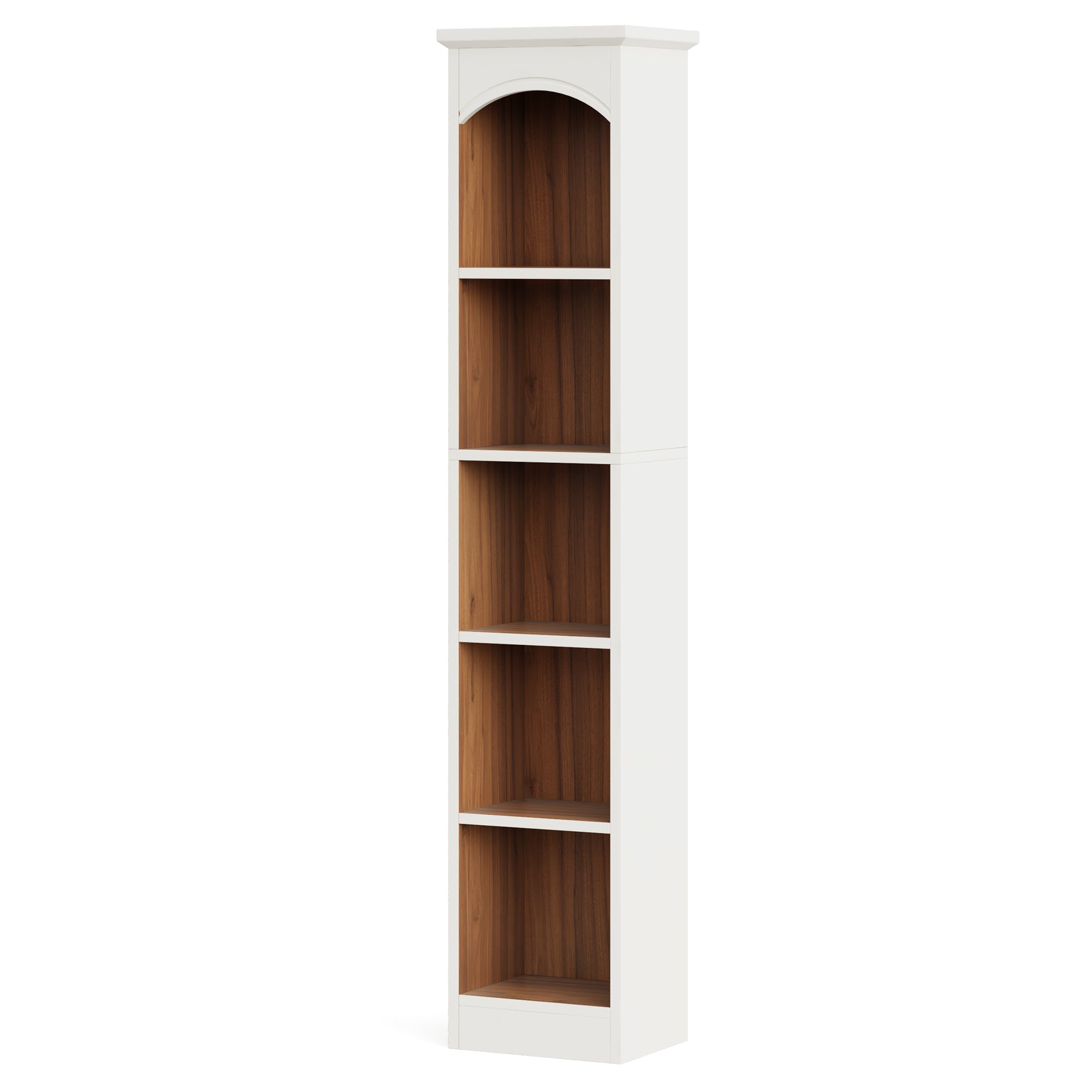 Vintage Arched Slim 5-Tier White & Oak Library Bookcase
