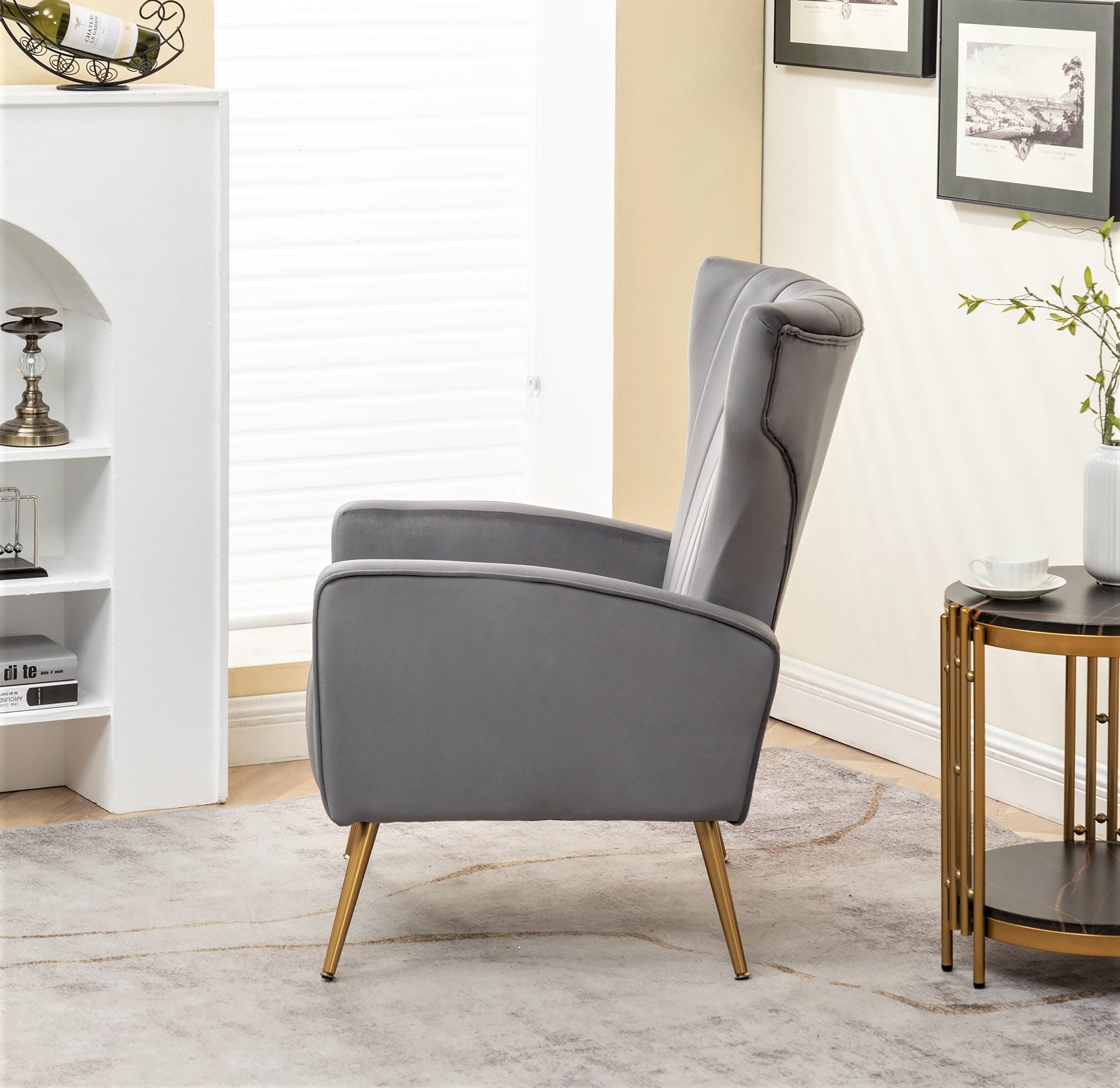 Velvet Accent Chair with Metal Legs, Modern Upholstered Armchair, Wingback Side Chair for Living Room Bedroom Small Spaces