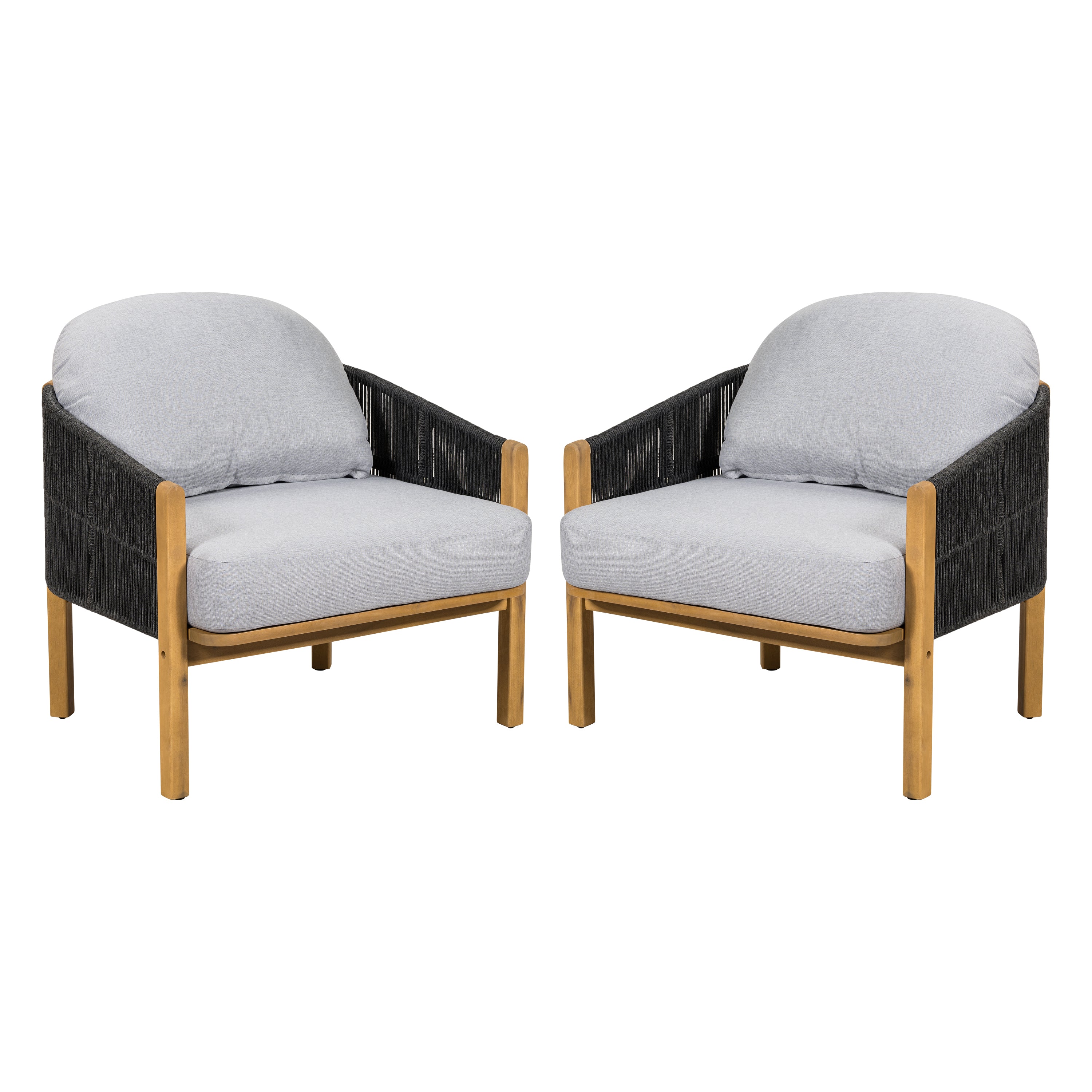 Grotta Outdoor Wood Club Chair Set of 2 with Dark Gray Rope and Gray Cushion, Acacia Wood Frame