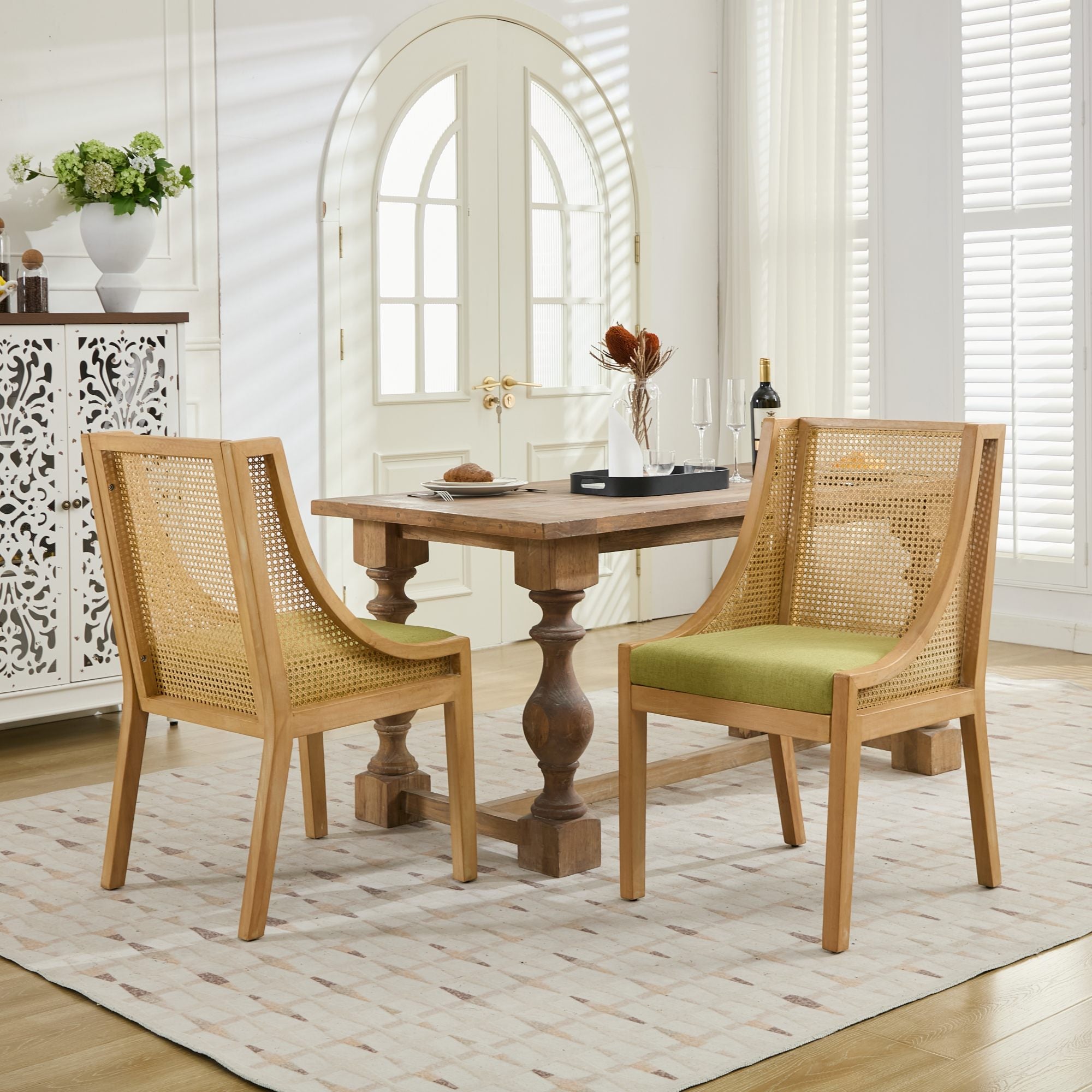 Linen Upholstered Rattan Dining Chair with Decorative Armrests