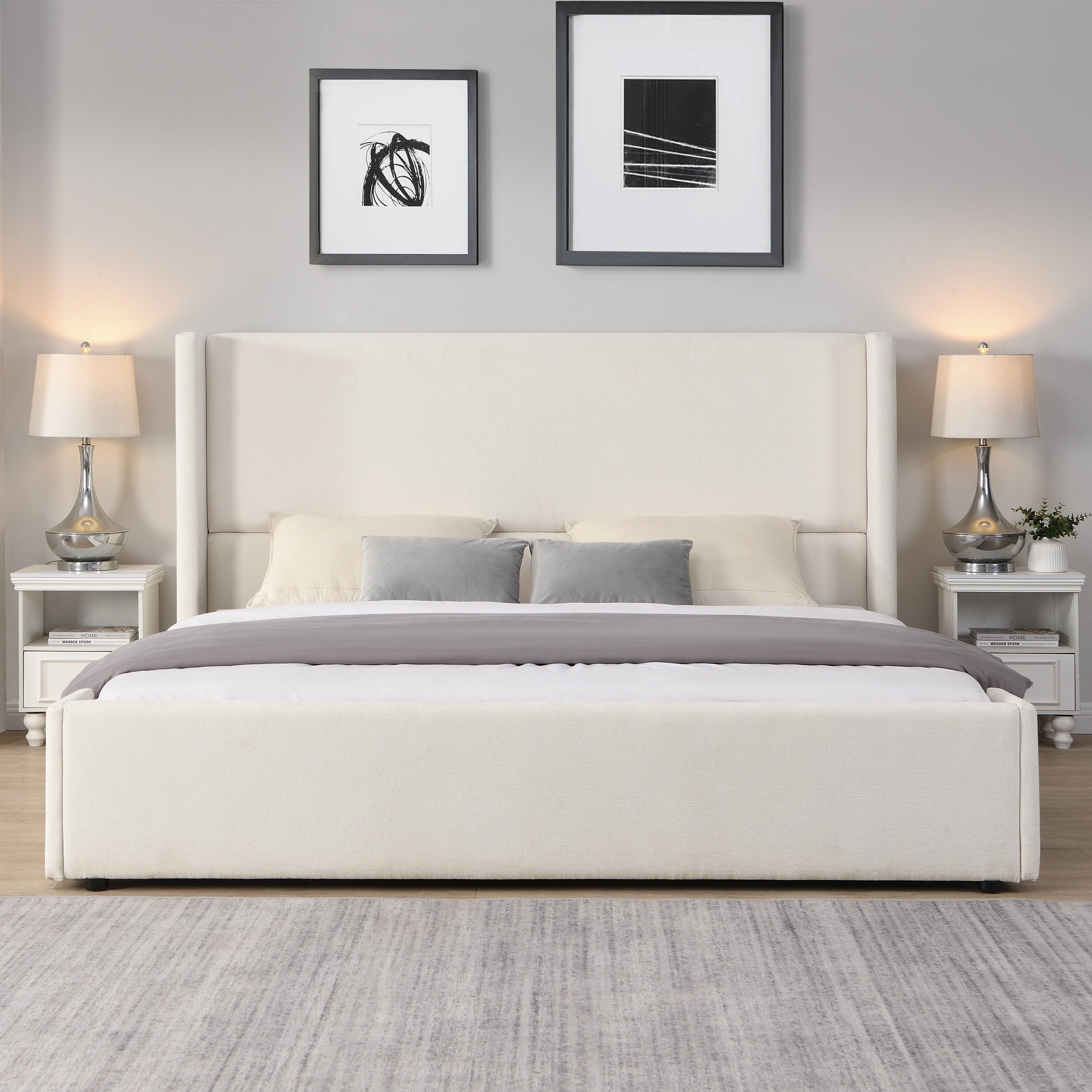 Elegant White Fabric Upholstered Bed with Tall Headboard