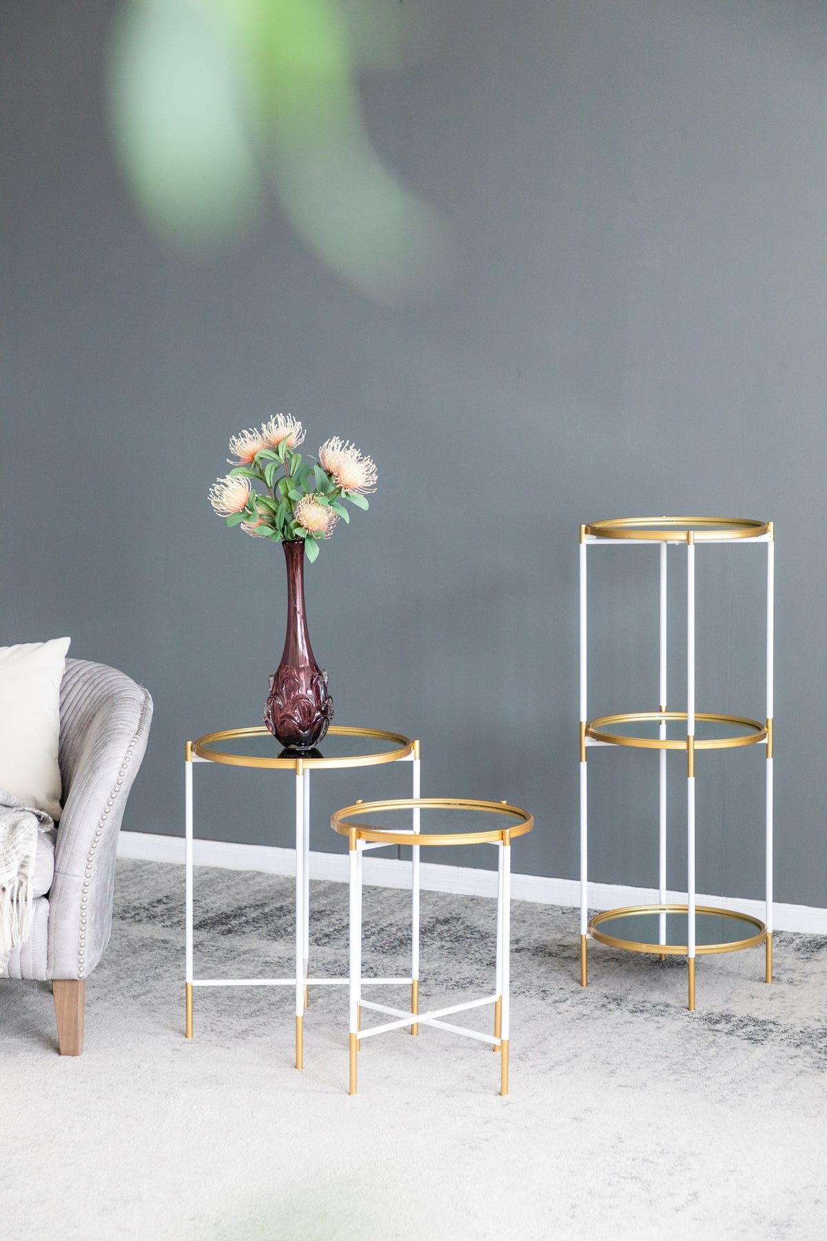 Set of 2 Mirrored Top Side Tables - Gold and White