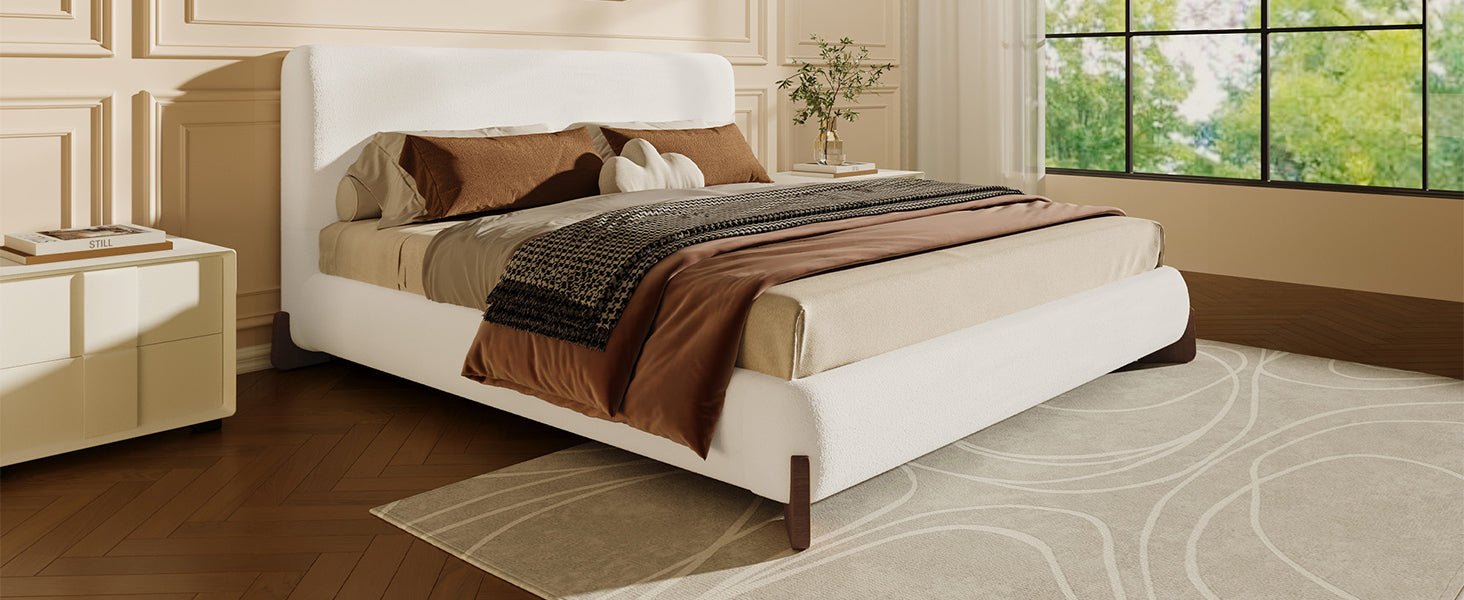 Elegant Boucle Upholstered Bed with Accent Feet
