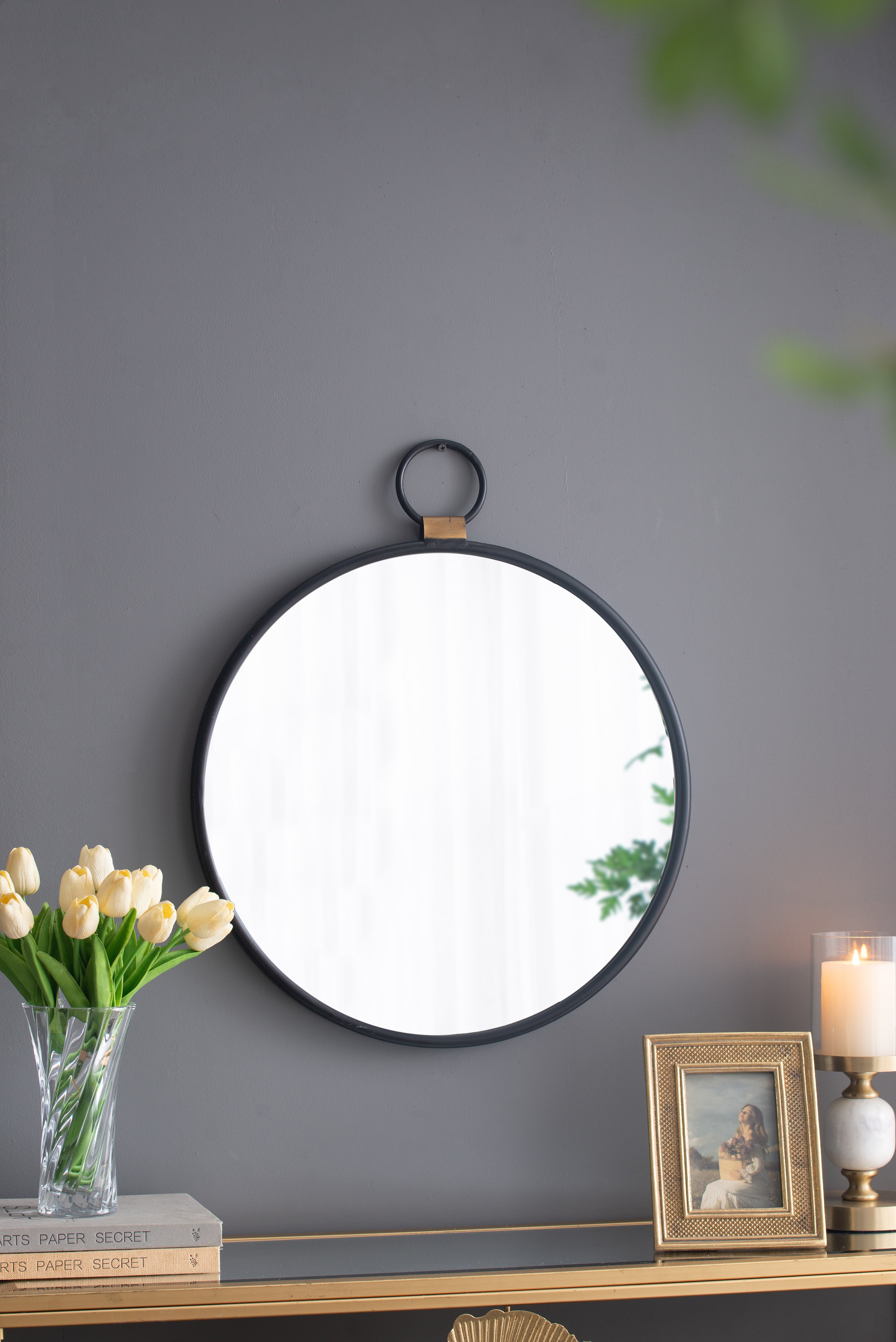 Round Wall Mirror with Stopwatch-Shaped Design