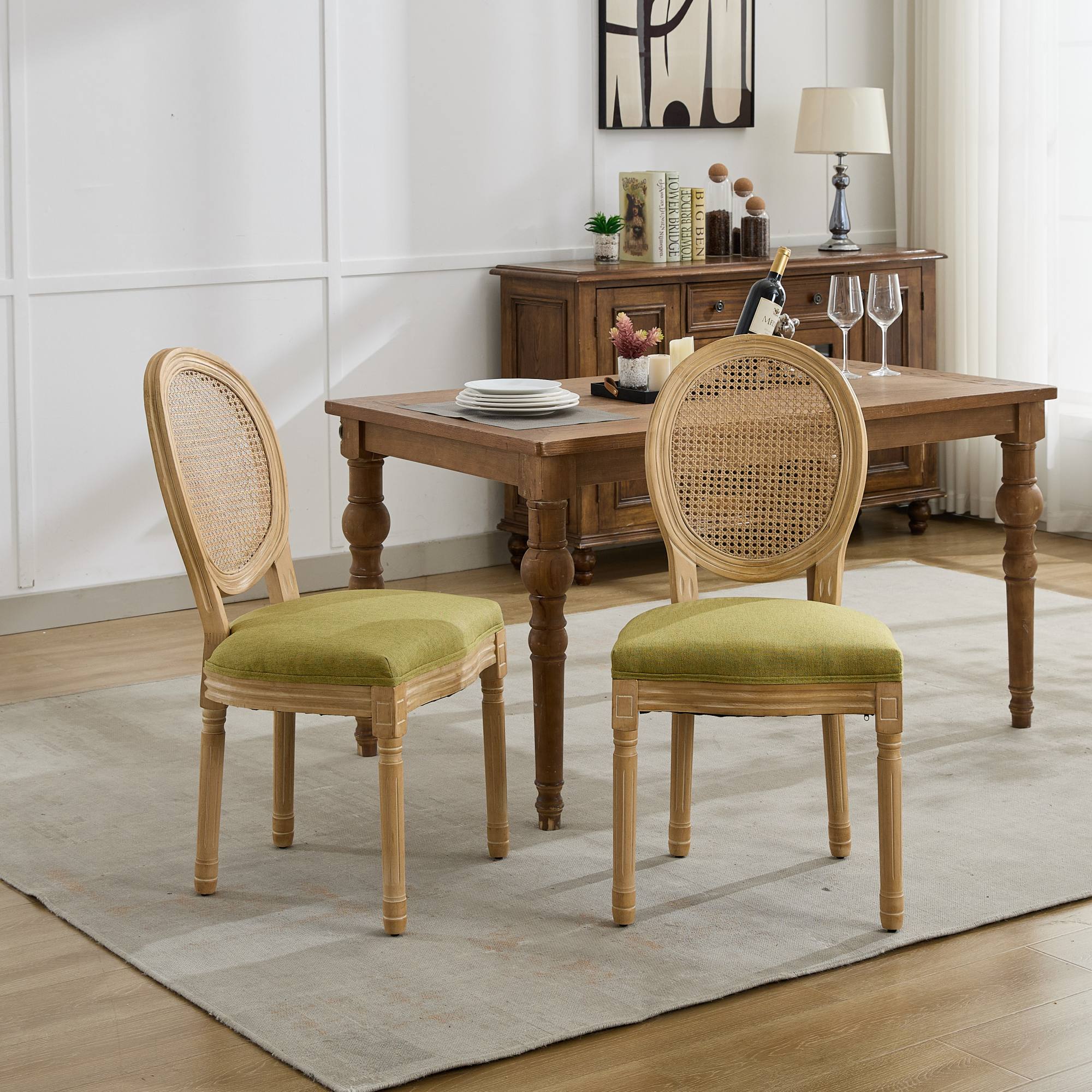 French Country Dining Chairs with Round Rattan Backrest, Set of 2