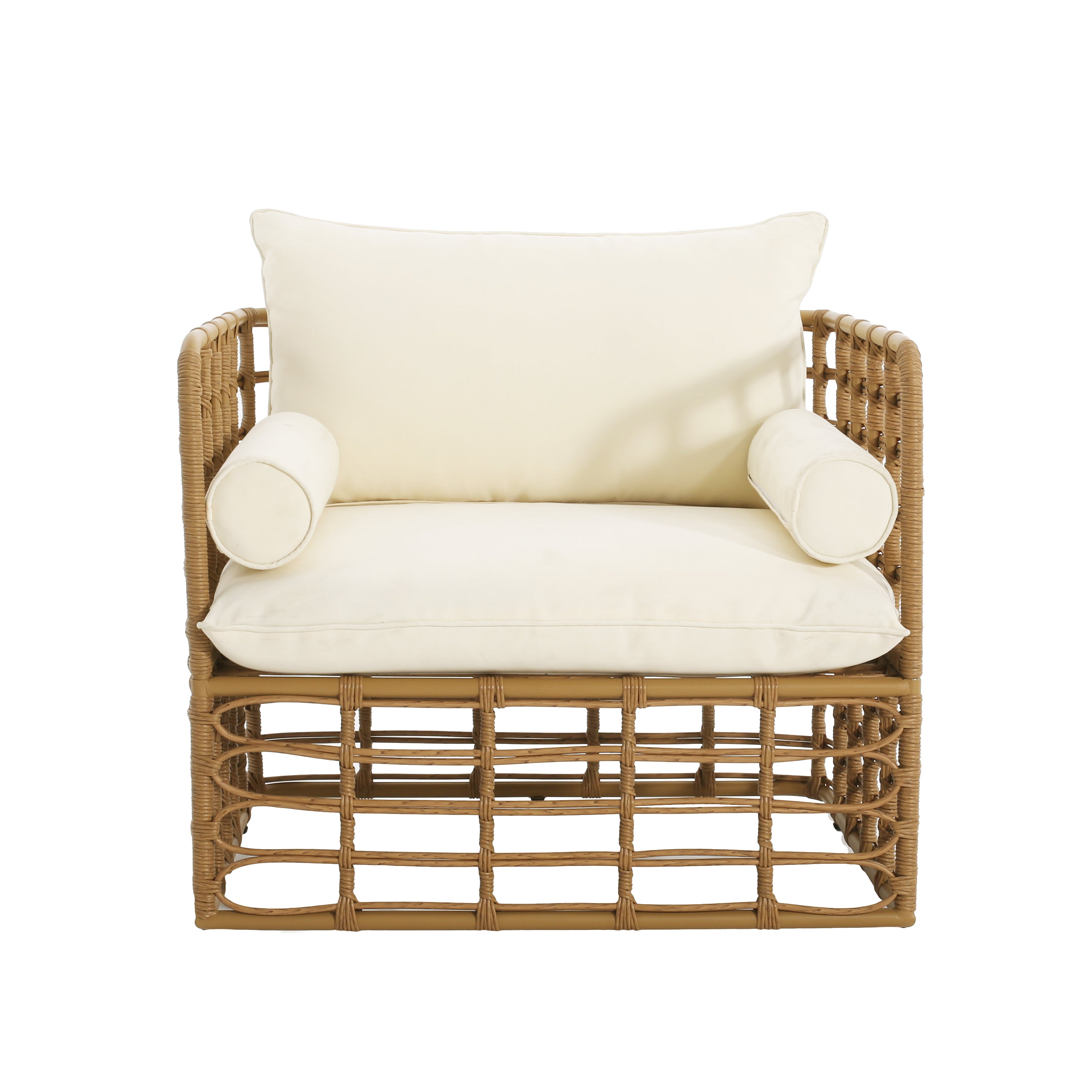 Blithely Outdoor Rattan Accent Chair with Cushions and Open Weave Boho Design