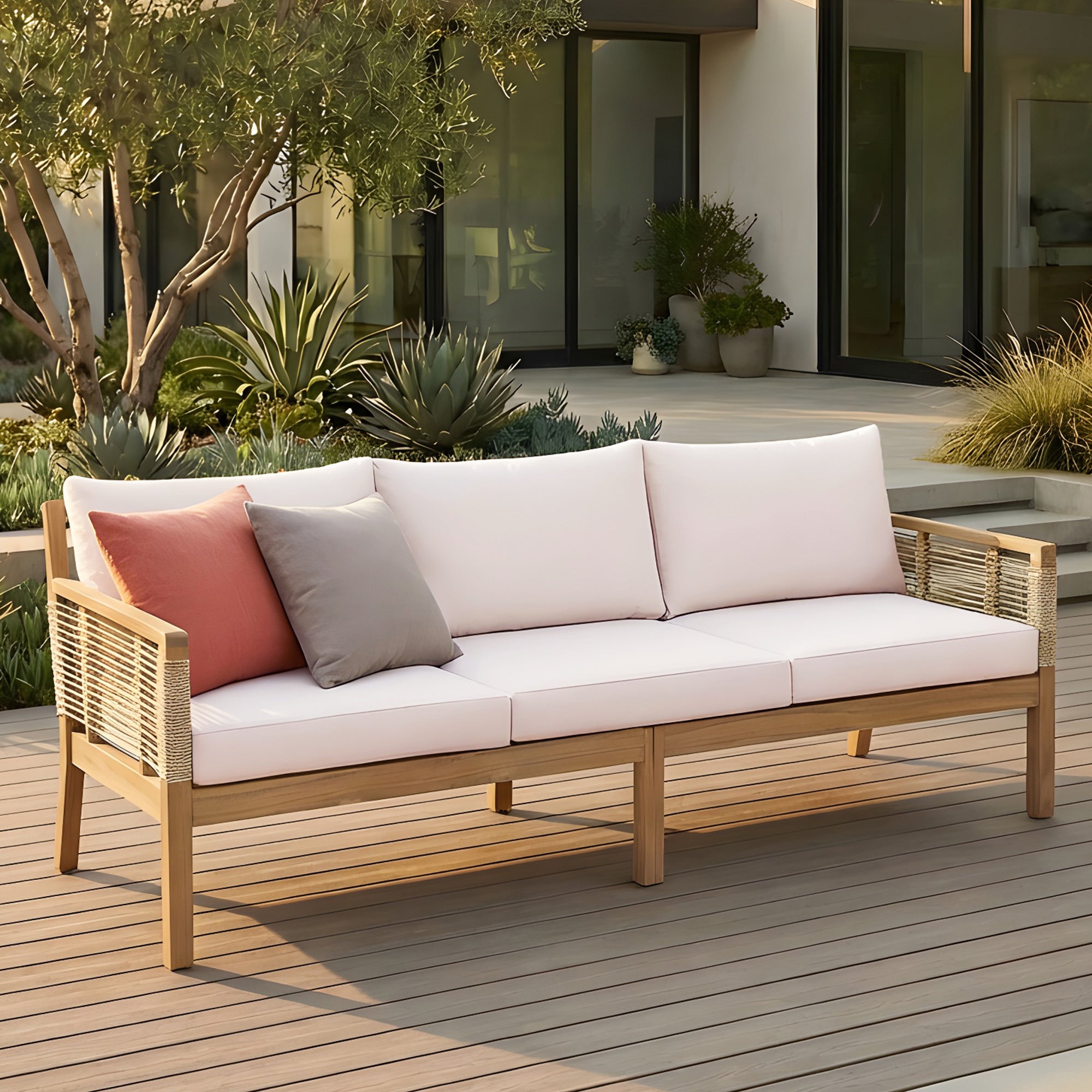 Kirana Outdoor Acacia Wood Hand Woven Rope 3-Seater Sofa with Cushions and Pillows