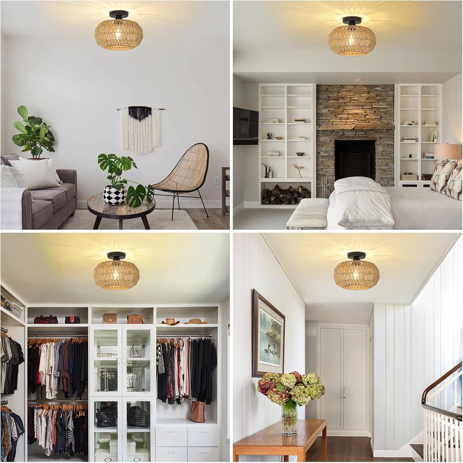 Ceiling Light Fixture with Dimmable LED and Hand-Woven Paper Rattan Cage