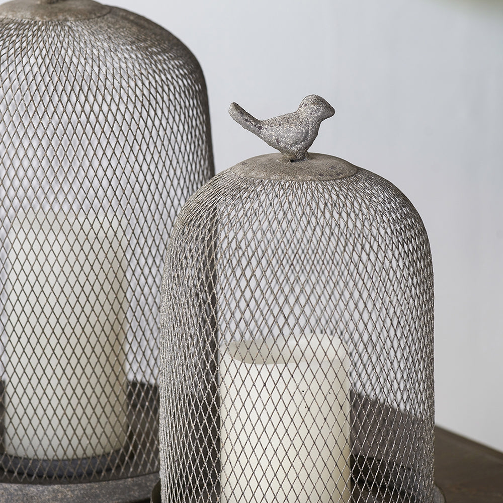 Candle Holder with a Bird Atop Domed Mesh, Set of 2