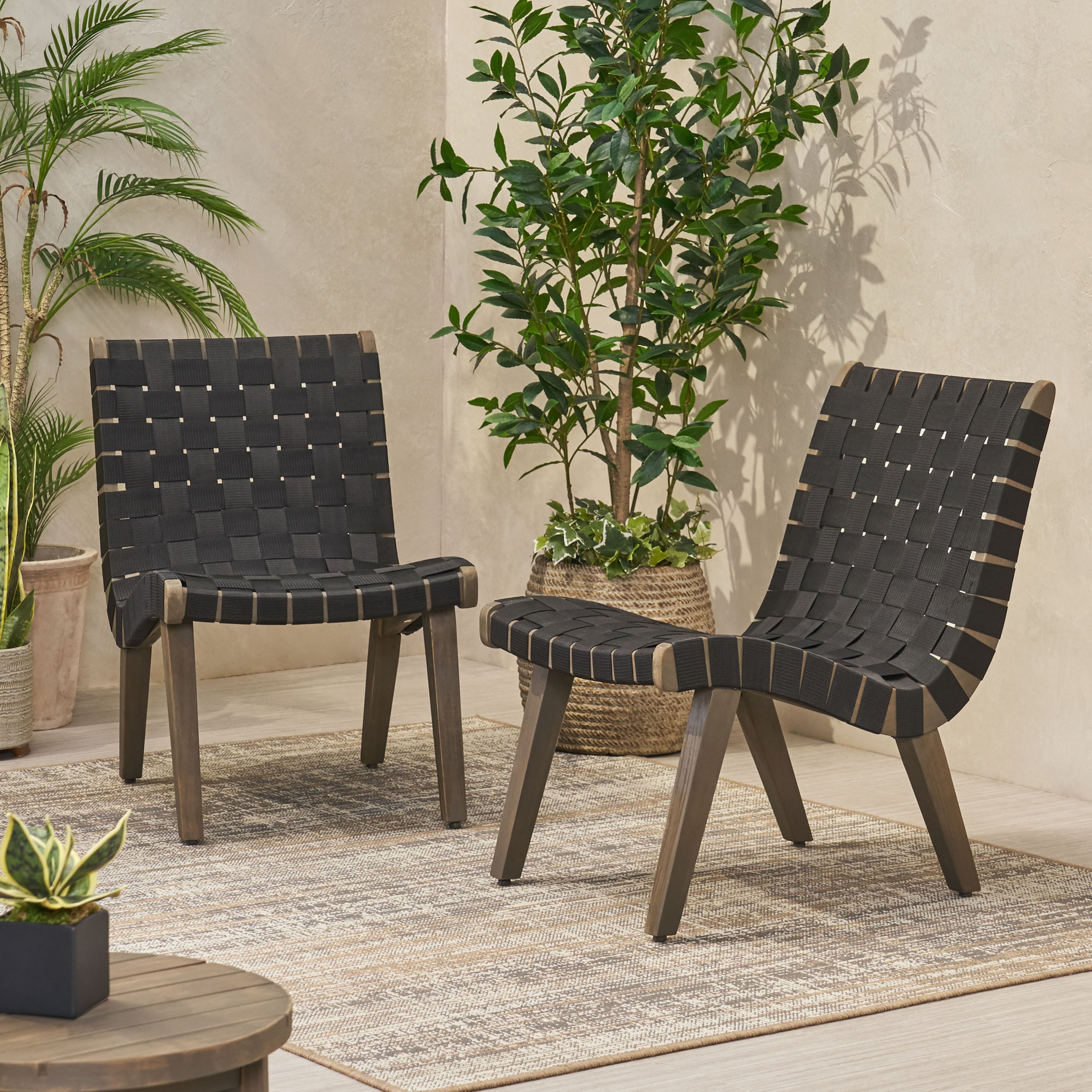 Delights Outdoor Lounge Chair with Rope Weave Design and Wood Frame, Set of 2