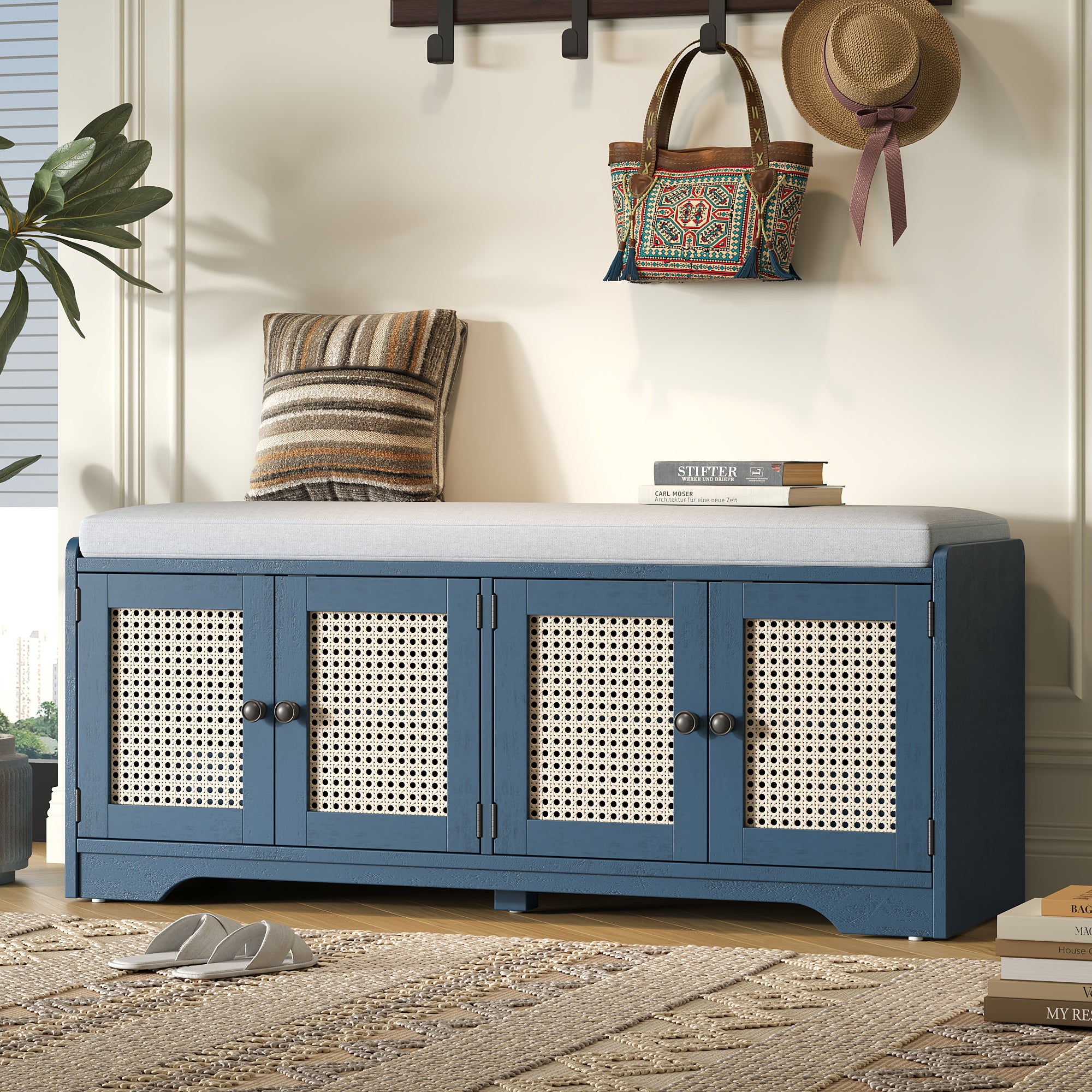 Storage Bench with Rattan Doors