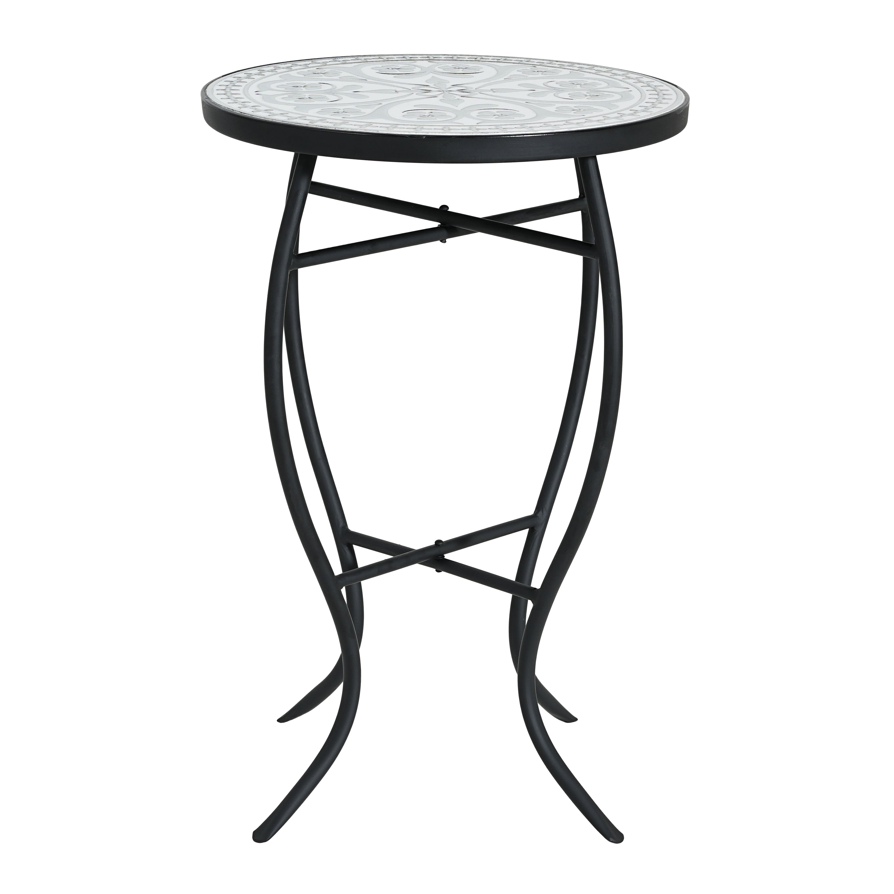 Outdoor Round Side Table with Mosaic-Style Top and Curved Iron Legs, Grey and Matte Black