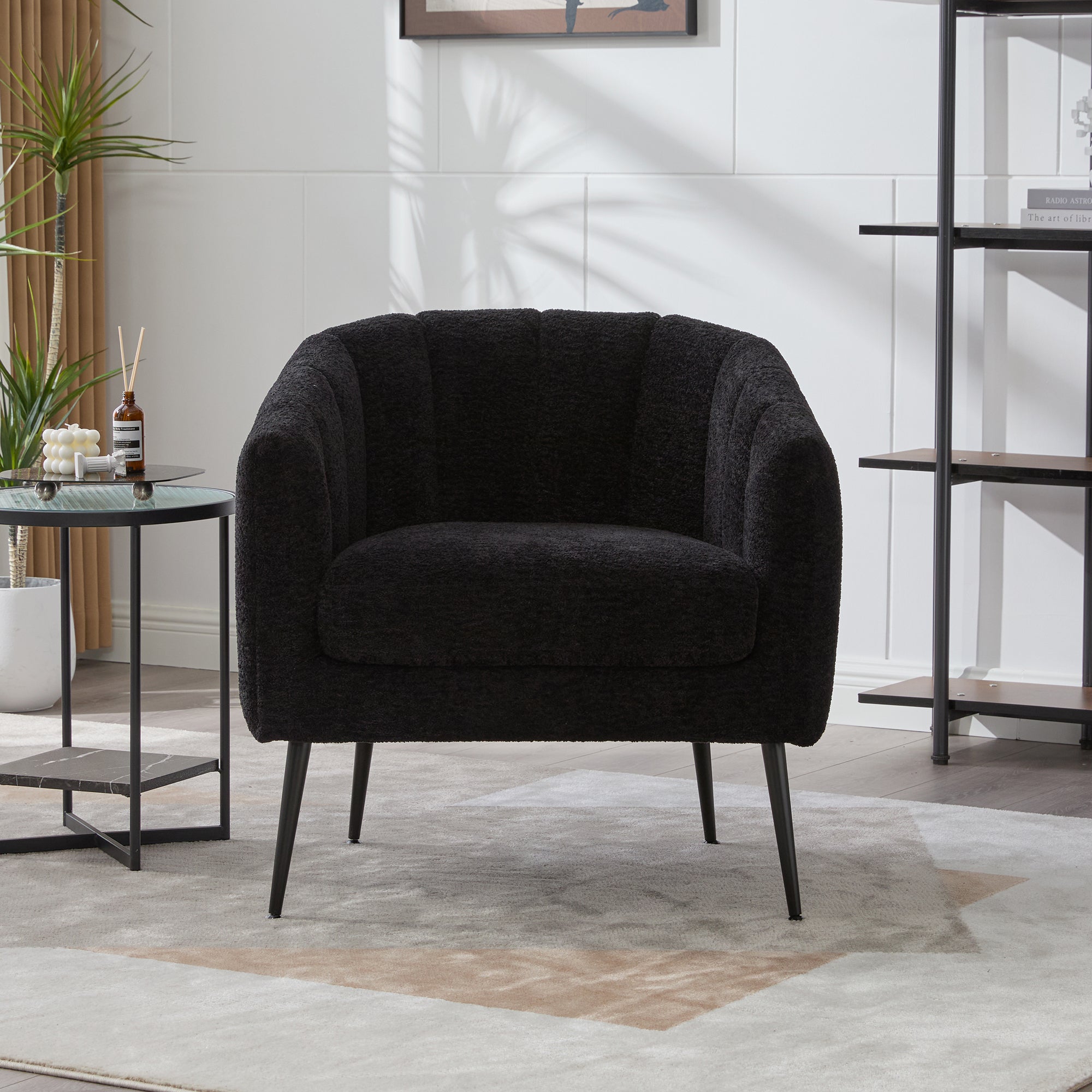 Channel Tufted Chenille Vanity Barrel Accent Chair with Metal Legs